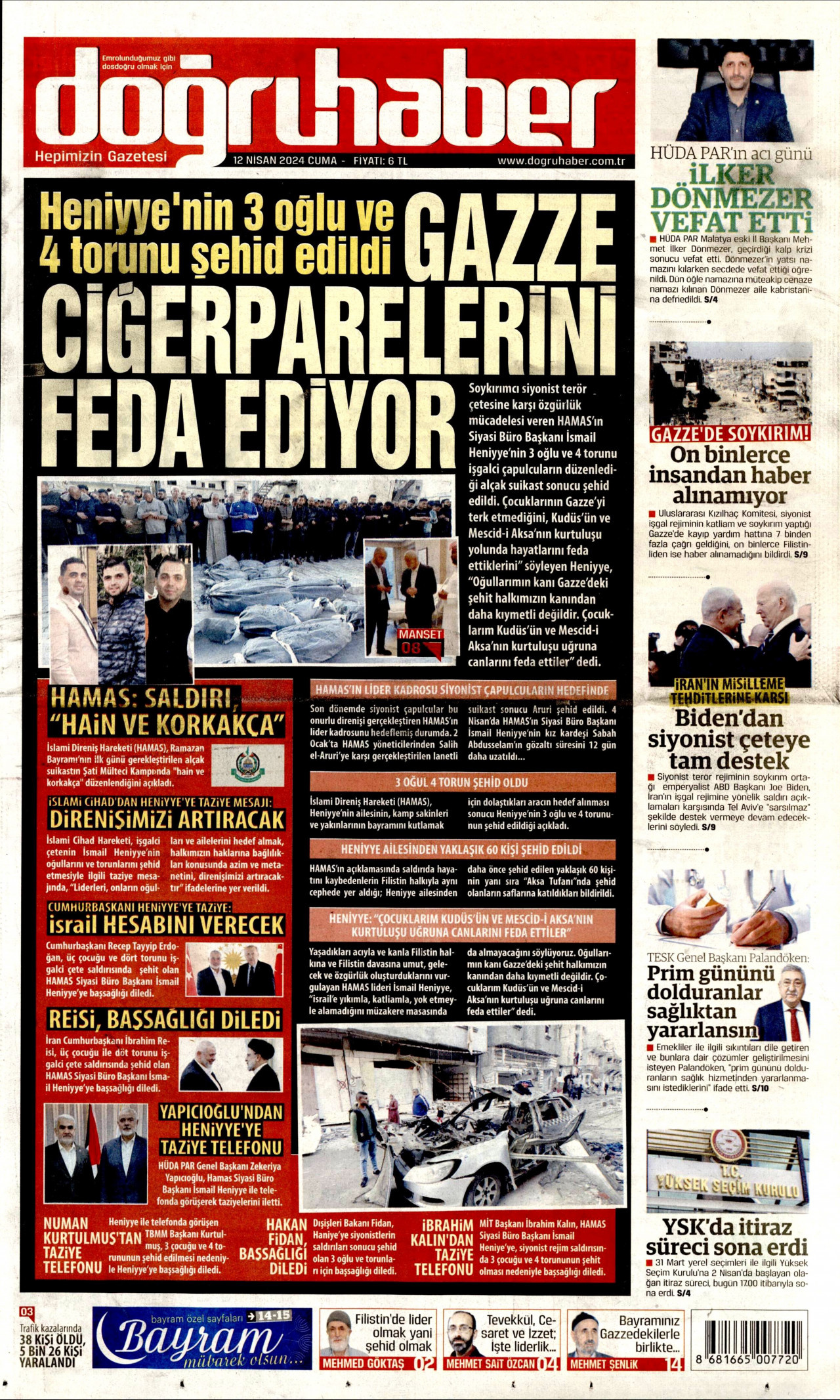 DOĞRU HABER gazetesinin 12 Nisan 2024 tarihli birinci sayfası