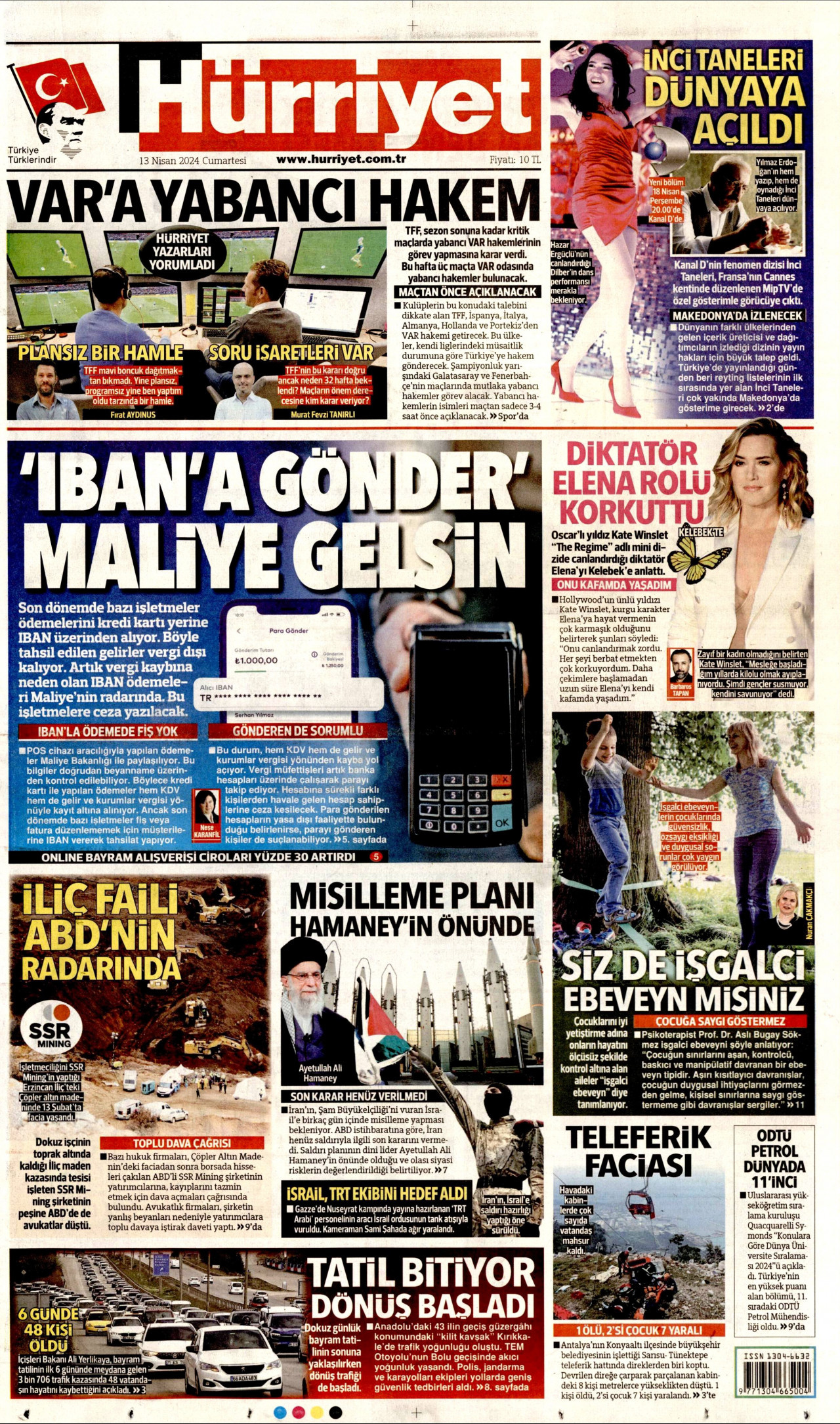 HÜRRİYET gazetesinin 13 Nisan 2024 tarihli birinci sayfası