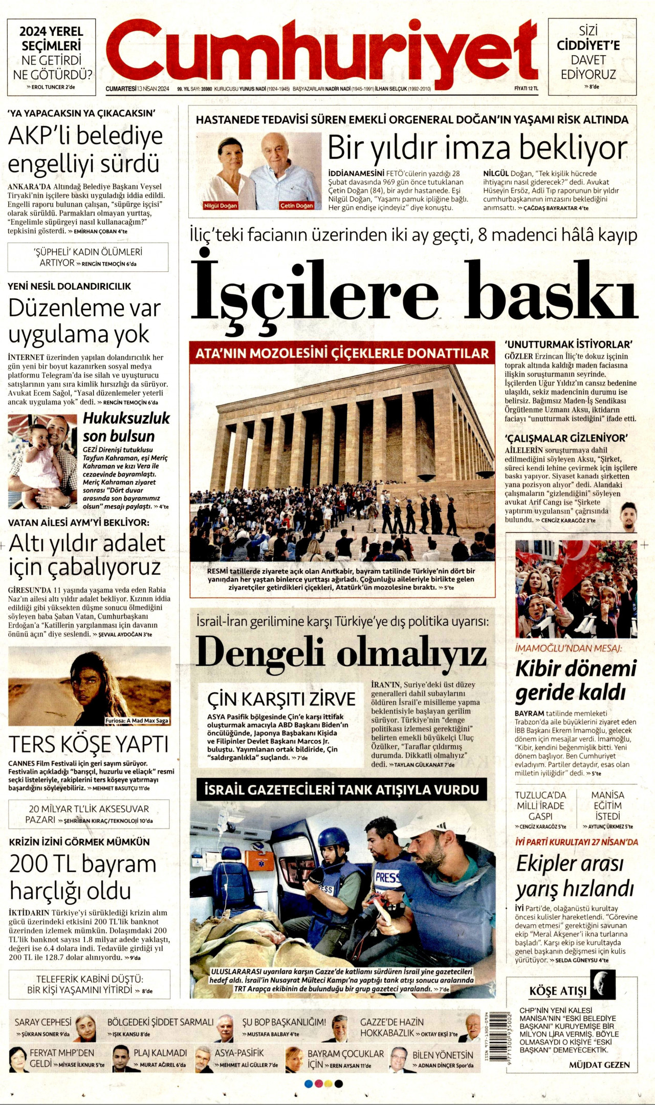 CUMHURİYET gazetesinin 13 Nisan 2024 tarihli birinci sayfası