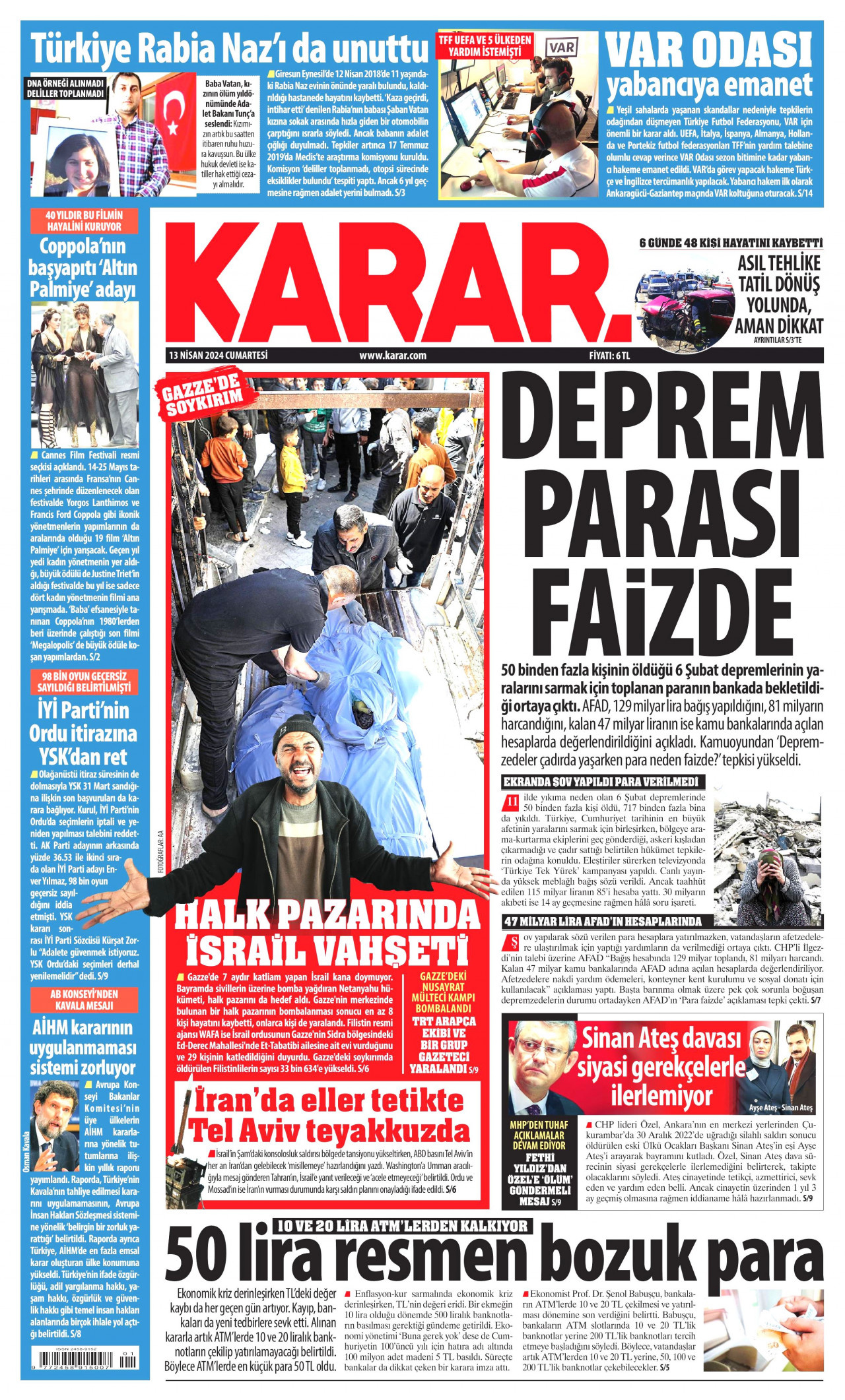 KARAR gazetesinin 13 Nisan 2024 tarihli birinci sayfası