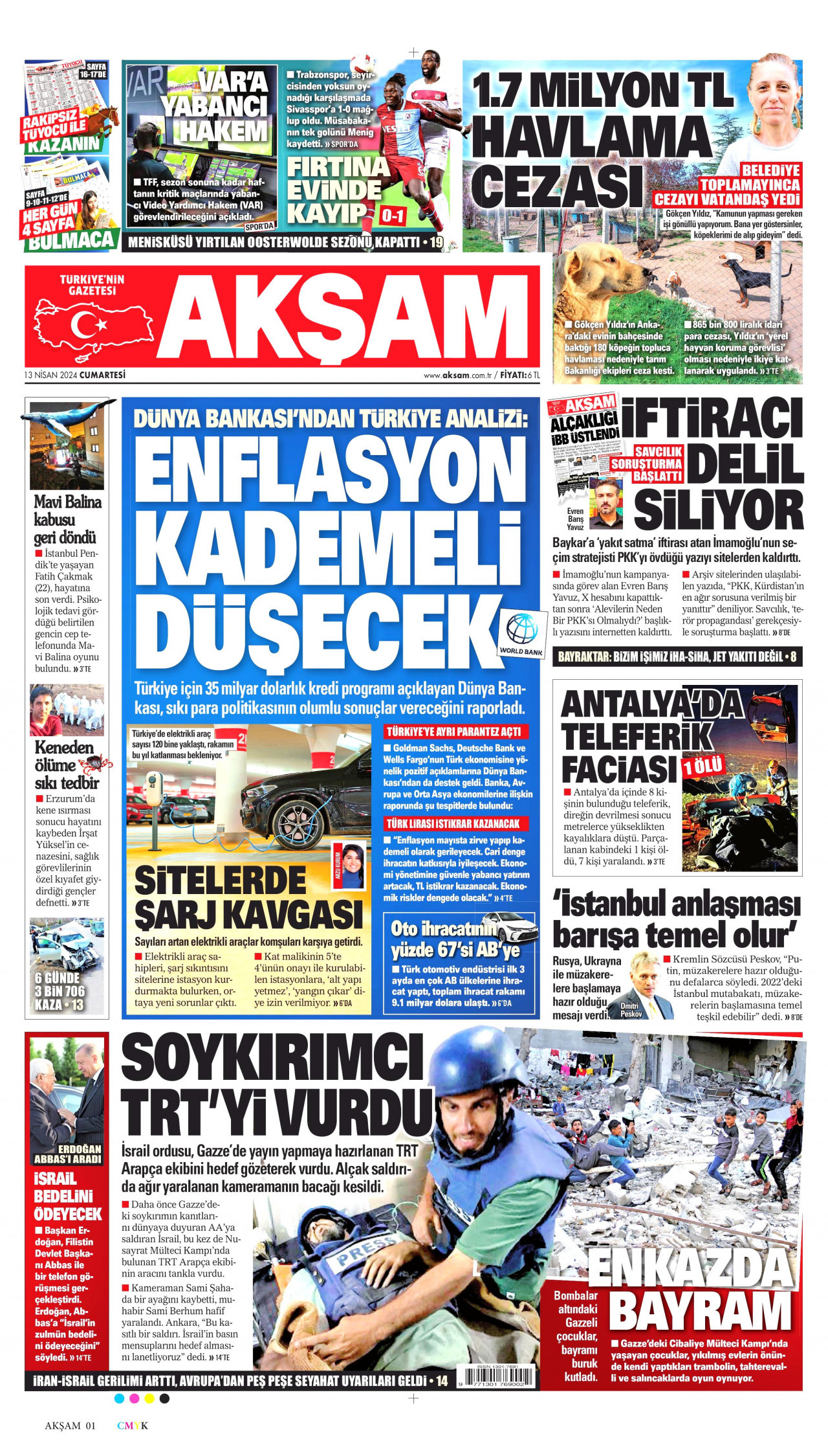 AKŞAM gazetesinin 13 Nisan 2024 tarihli birinci sayfası
