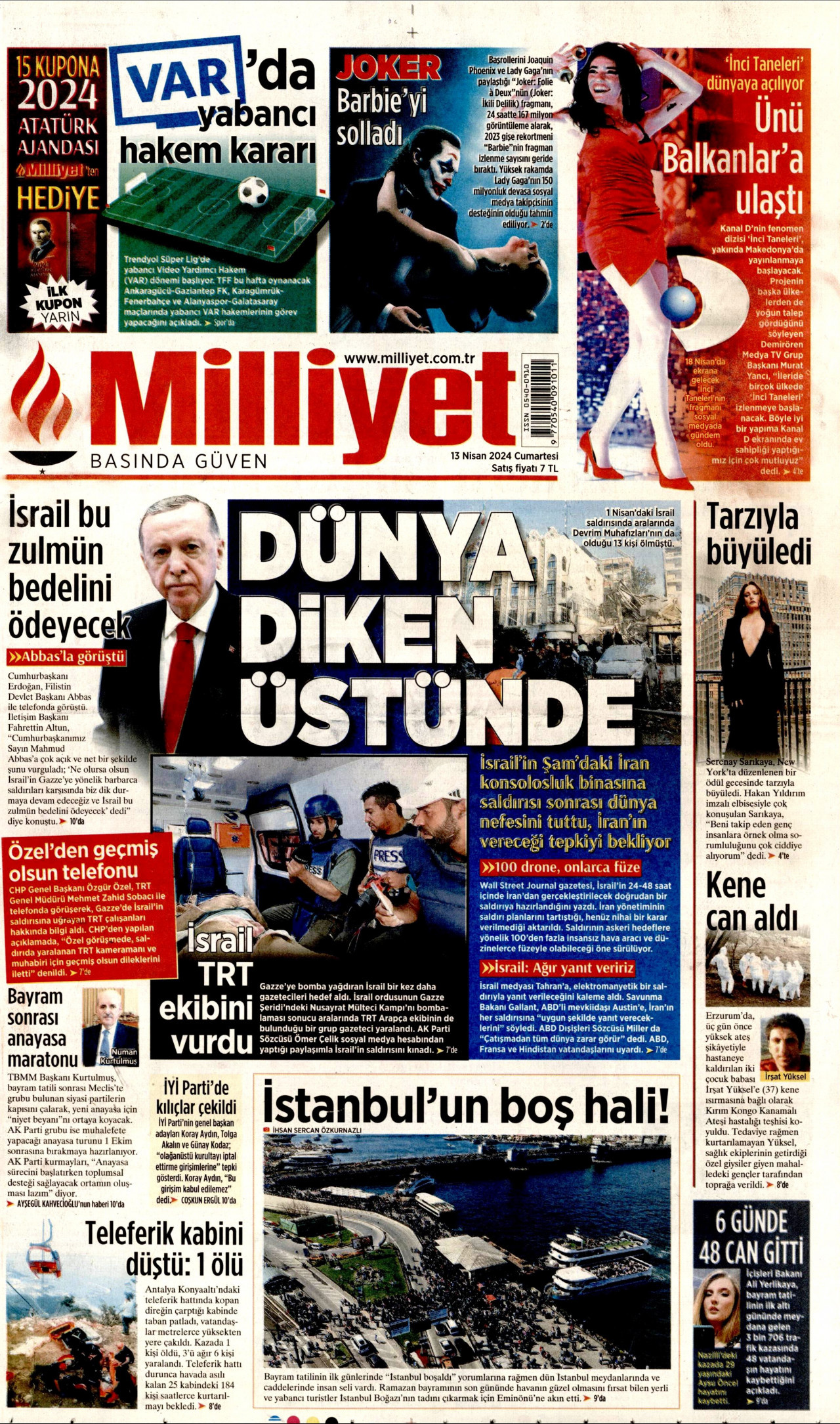 MİLLİYET gazetesinin 13 Nisan 2024 tarihli birinci sayfası