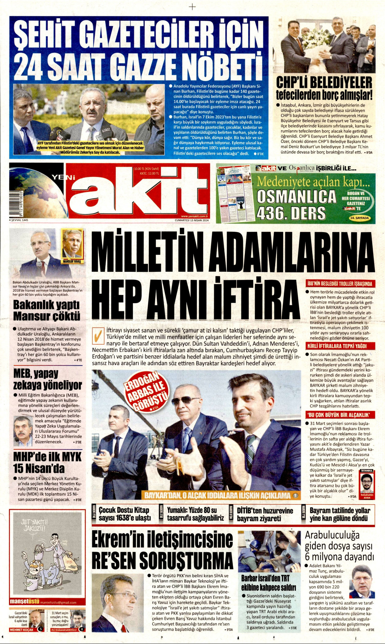 YENİ AKİT gazetesinin 13 Nisan 2024 tarihli birinci sayfası