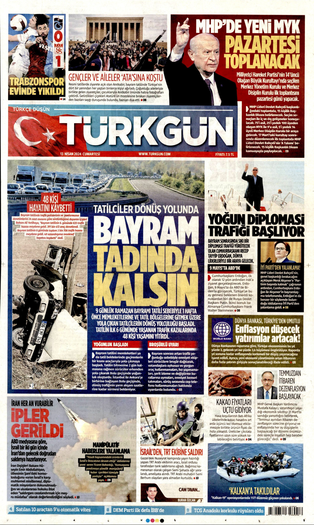 TÜRKGÜN gazetesinin 13 Nisan 2024 tarihli birinci sayfası