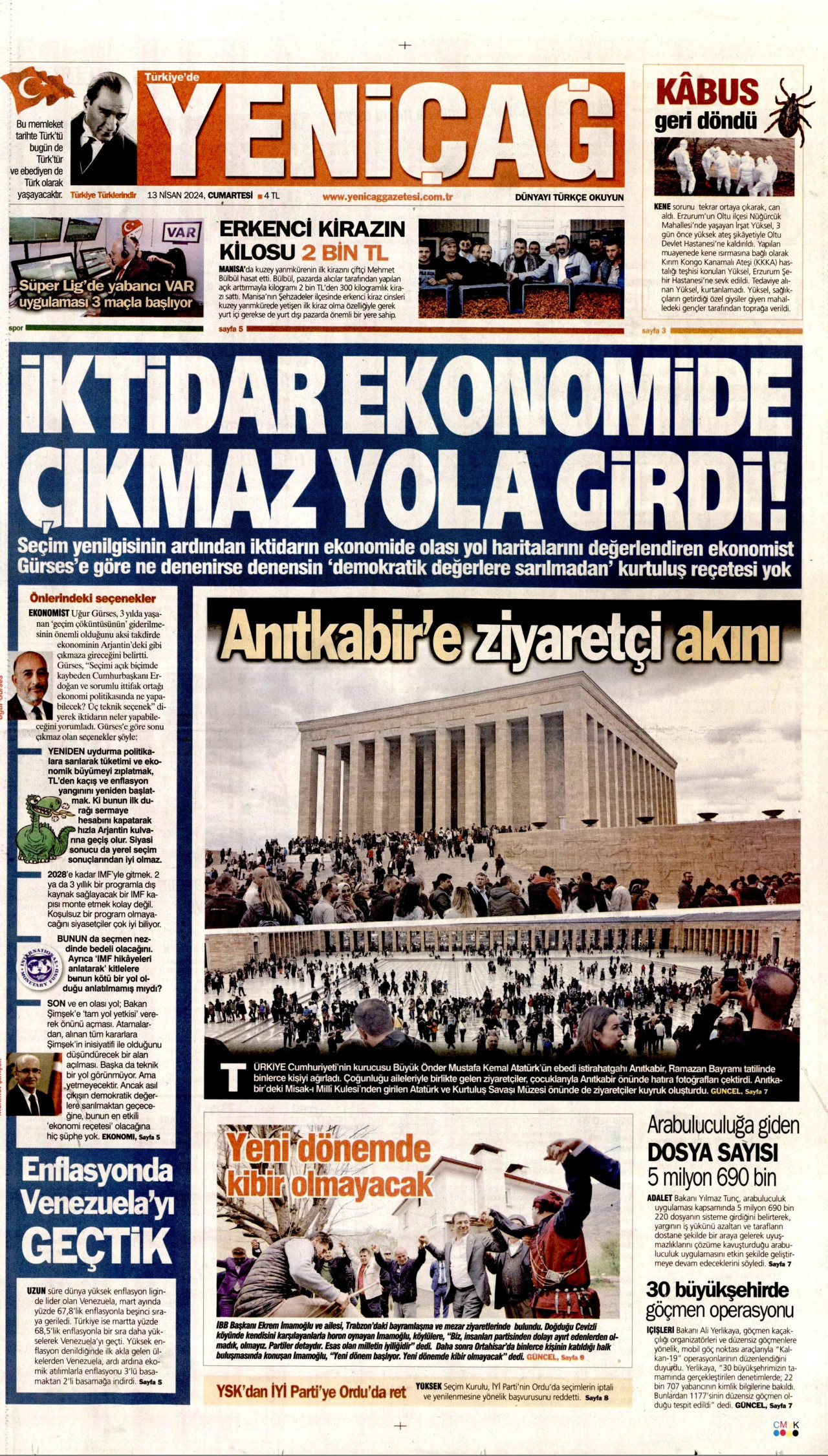 YENİÇAĞ gazetesinin 13 Nisan 2024 tarihli birinci sayfası