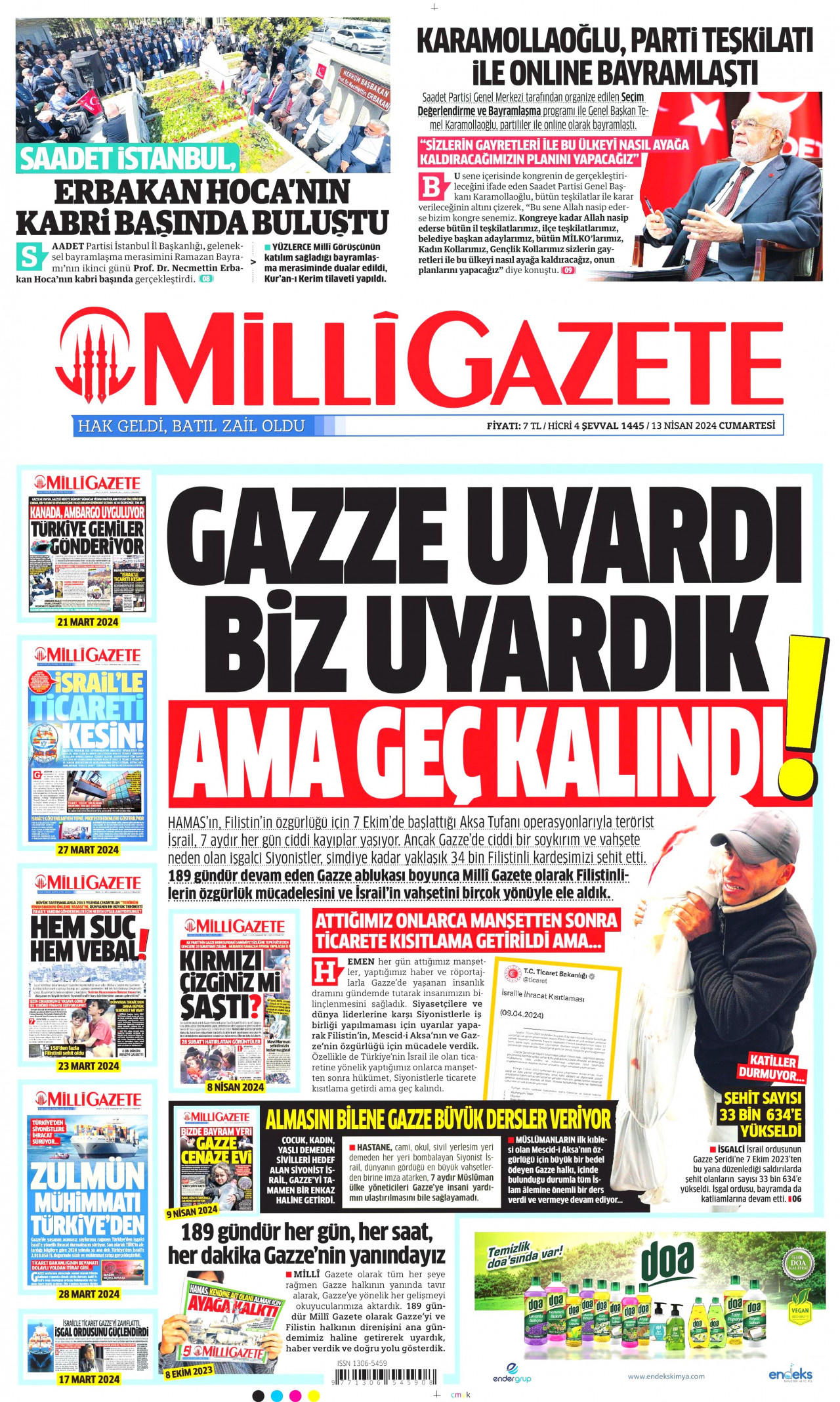 MİLLİ GAZETE gazetesinin 13 Nisan 2024 tarihli birinci sayfası