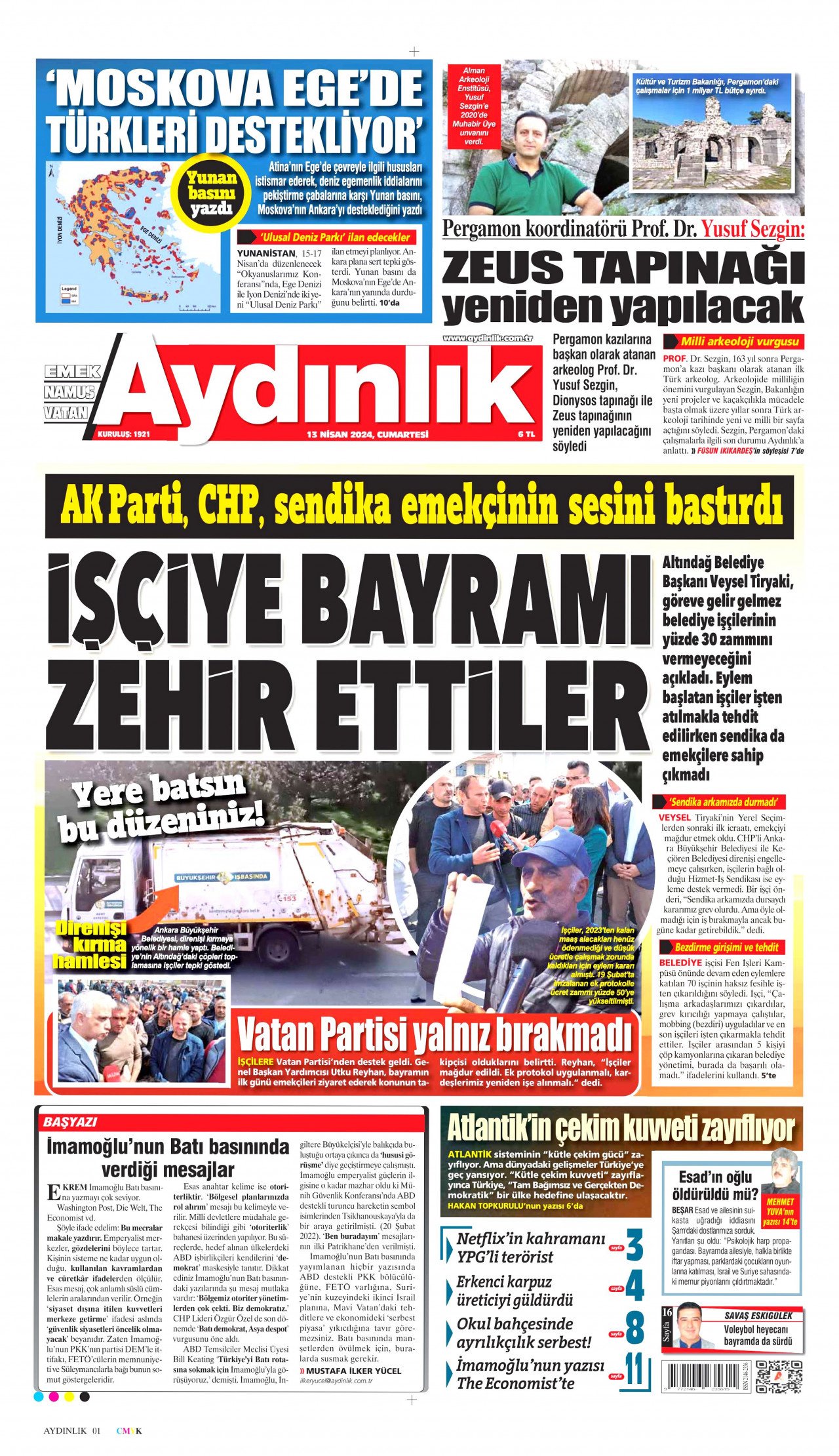 AYDINLIK GAZETESİ gazetesinin 13 Nisan 2024 tarihli birinci sayfası