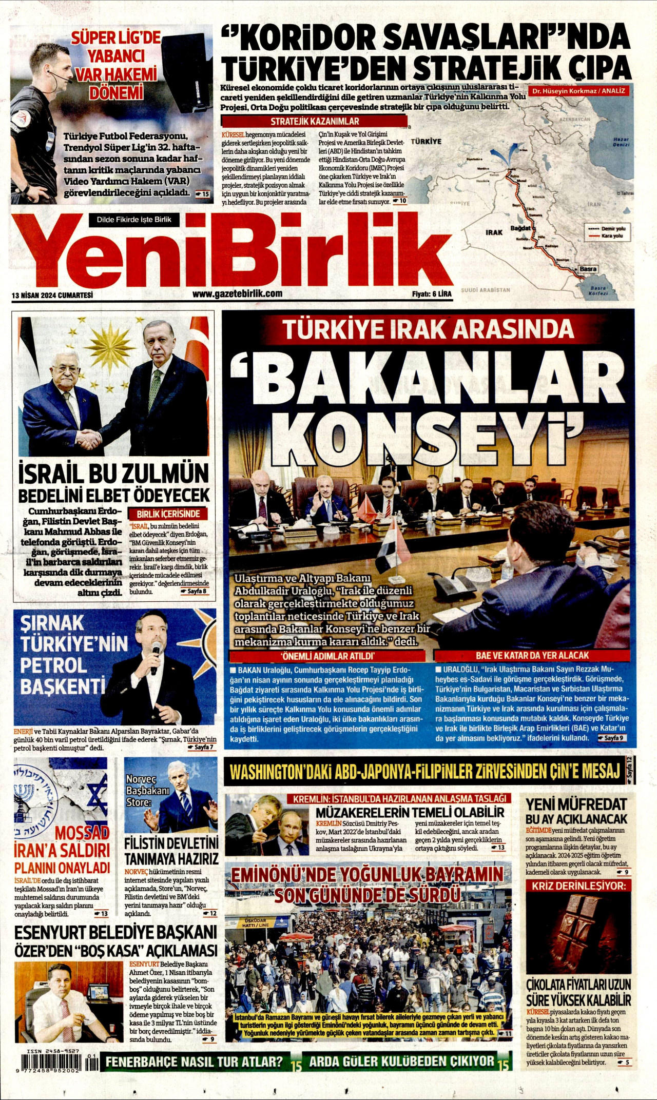 YENİBİRLİK gazetesinin 13 Nisan 2024 tarihli birinci sayfası