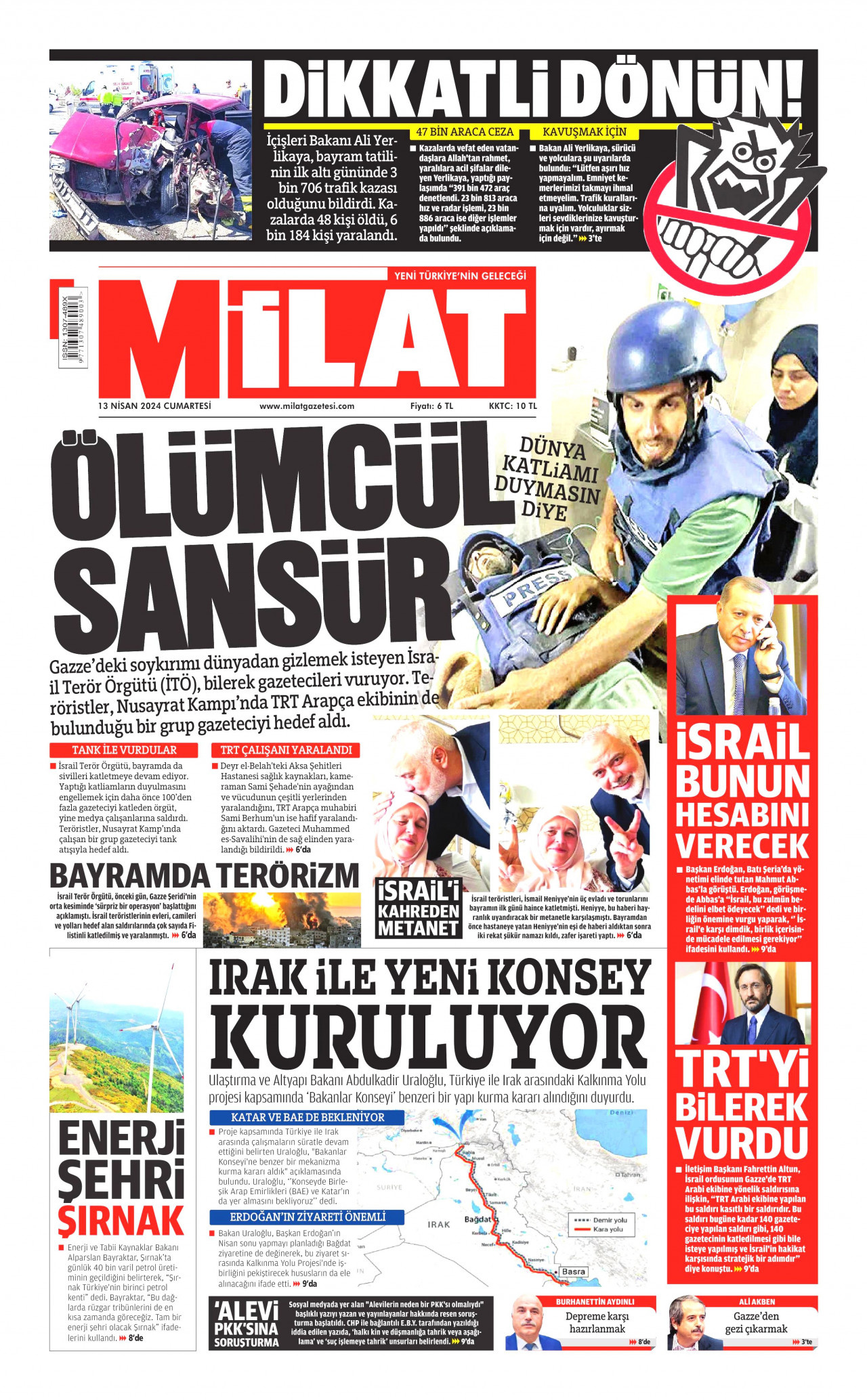 MİLAT gazetesinin 13 Nisan 2024 tarihli birinci sayfası