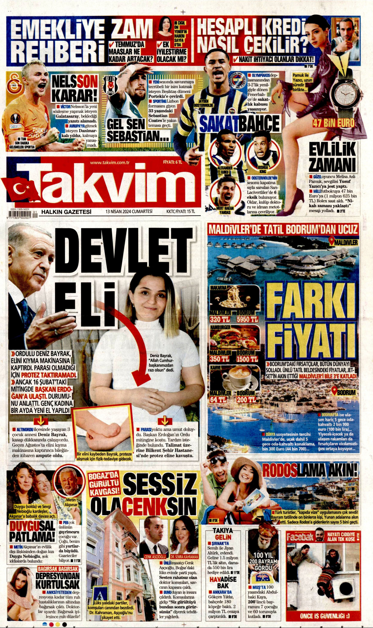 TAKVİM gazetesinin 13 Nisan 2024 tarihli birinci sayfası
