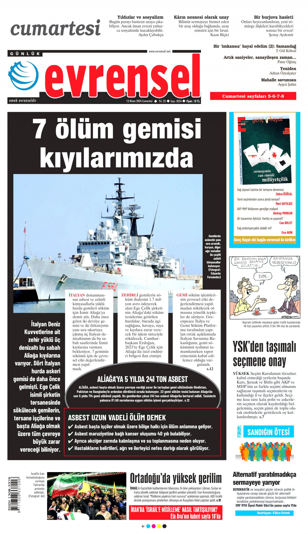 EVRENSEL gazetesinin 13 Nisan 2024 tarihli birinci sayfası