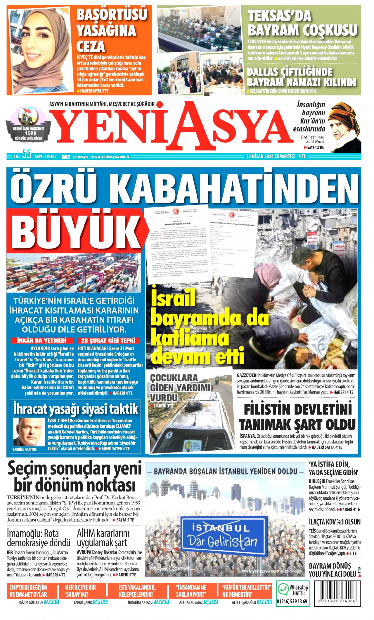 YENİ ASYA gazetesinin 13 Nisan 2024 tarihli birinci sayfası