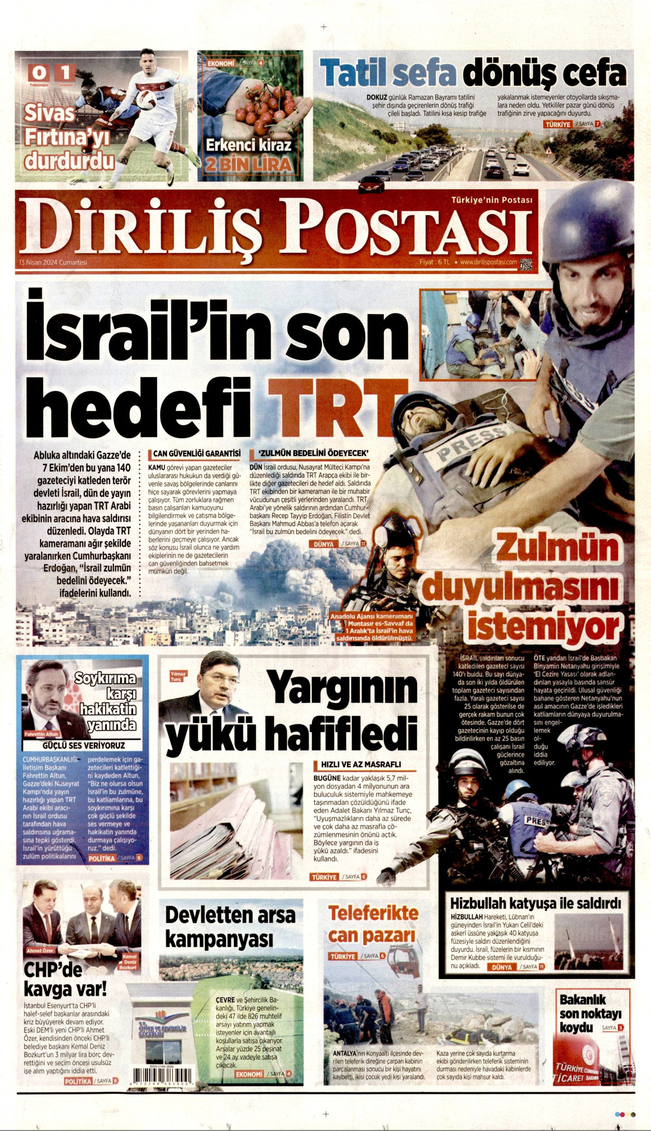 DİRİLİŞ POSTASI gazetesinin 13 Nisan 2024 tarihli birinci sayfası