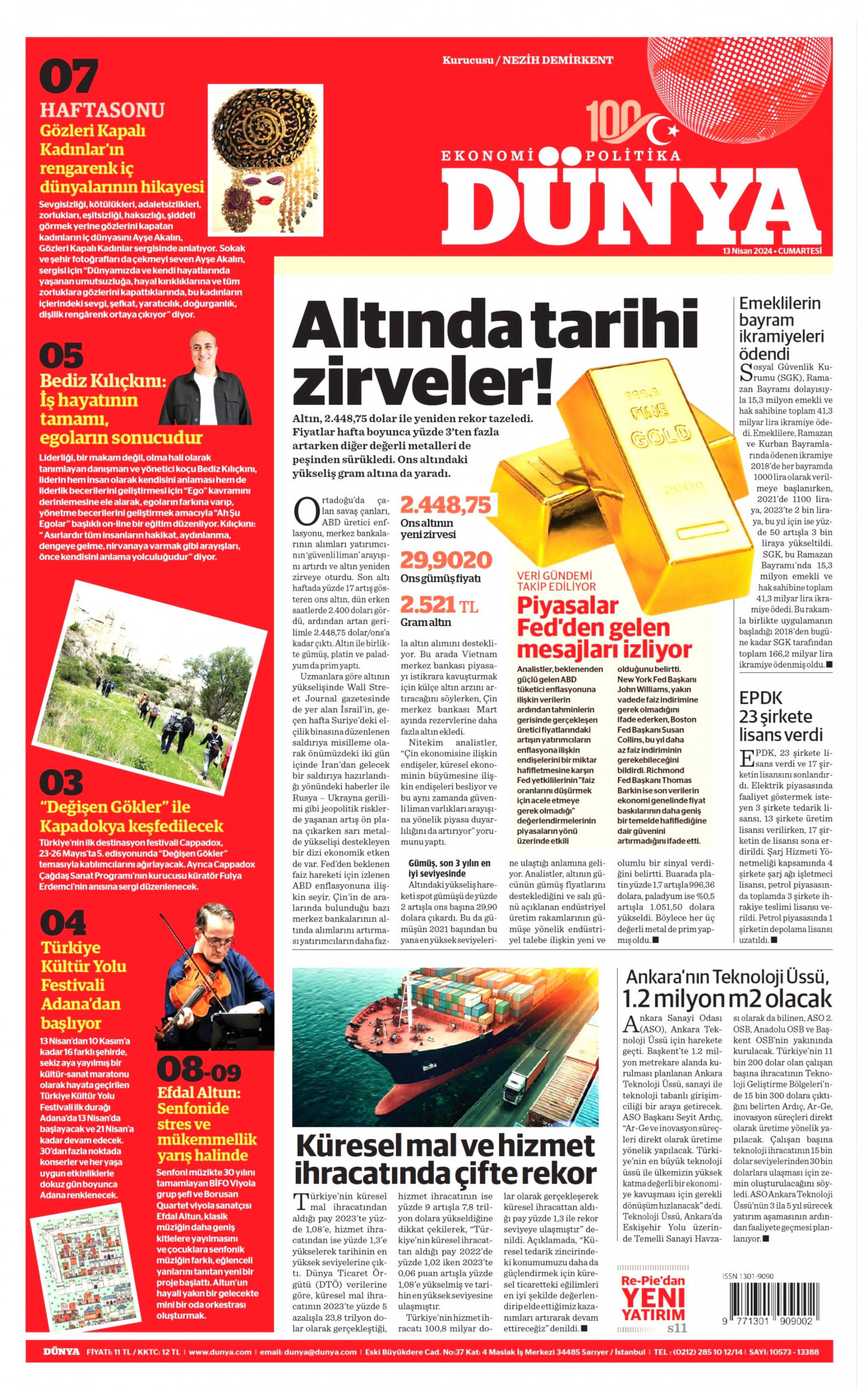 DÜNYA gazetesinin 13 Nisan 2024 tarihli birinci sayfası