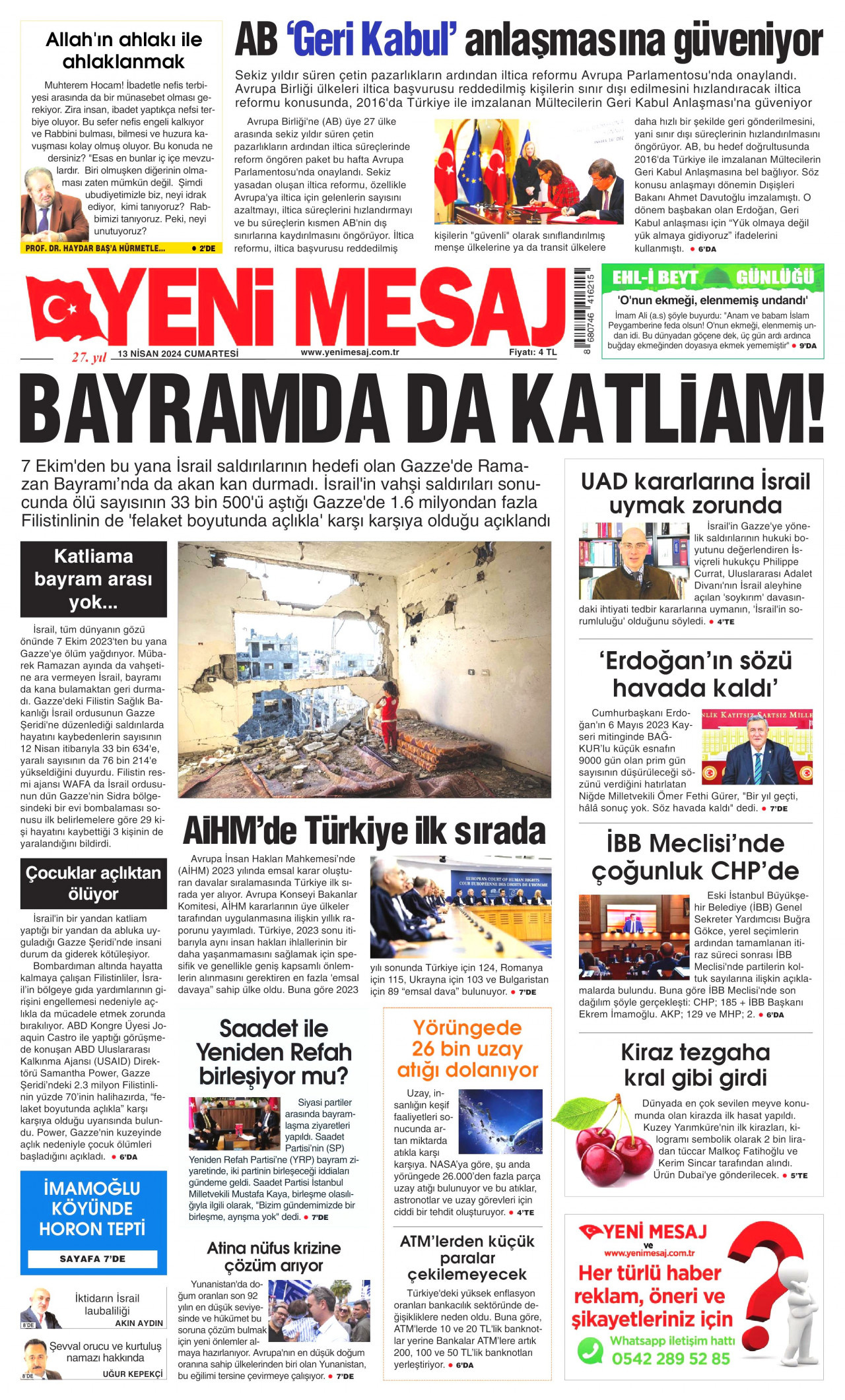 YENİ MESAJ gazetesinin 13 Nisan 2024 tarihli birinci sayfası
