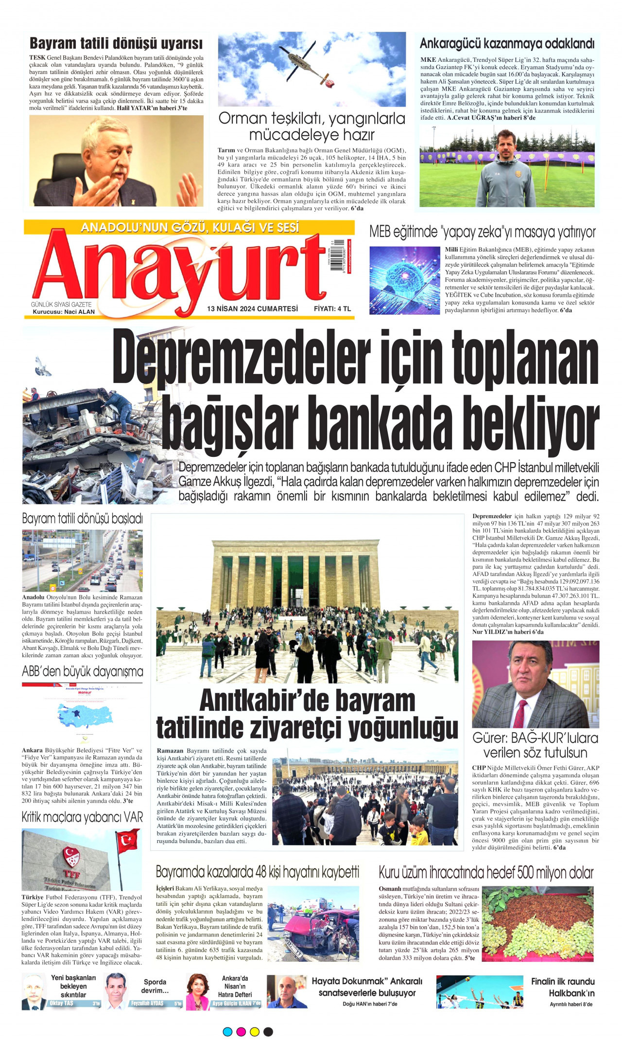 ANAYURT gazetesinin 13 Nisan 2024 tarihli birinci sayfası
