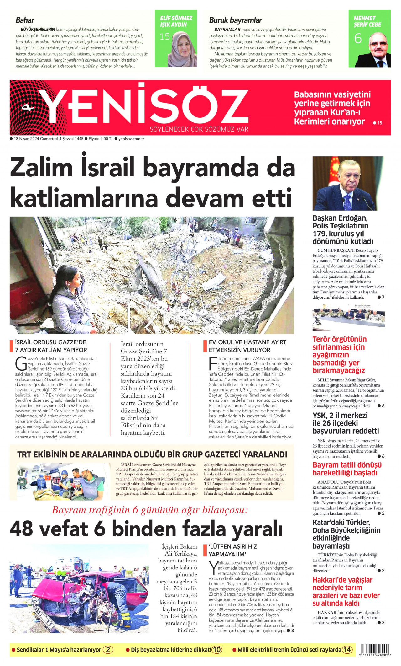 YENİ SÖZ GAZETESİ gazetesinin 13 Nisan 2024 tarihli birinci sayfası