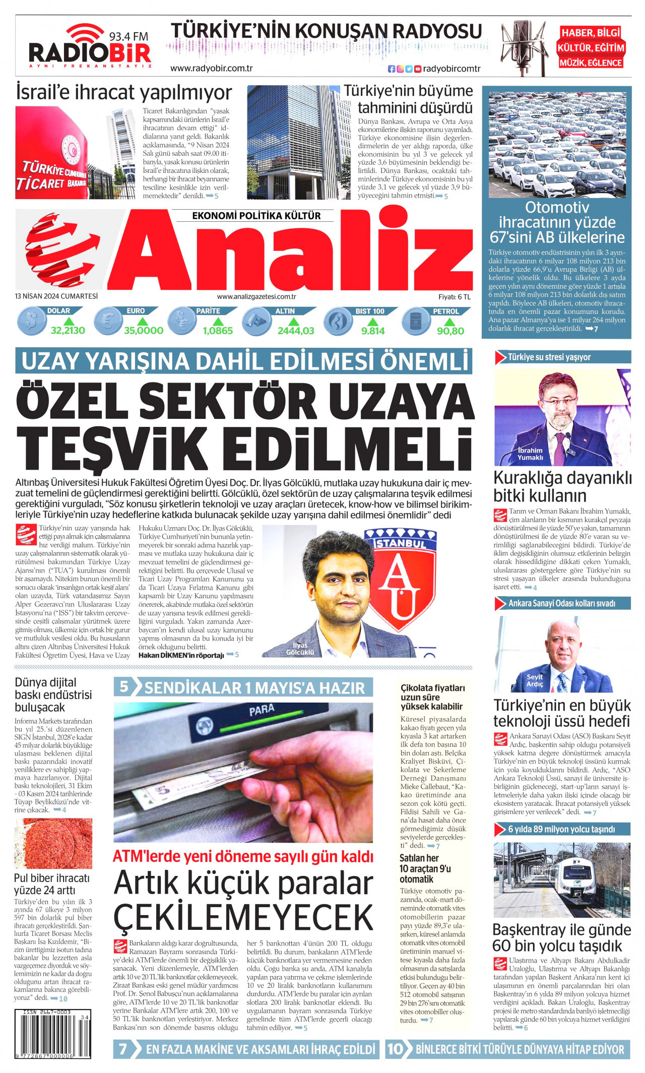 ANALİZ gazetesinin 13 Nisan 2024 tarihli birinci sayfası