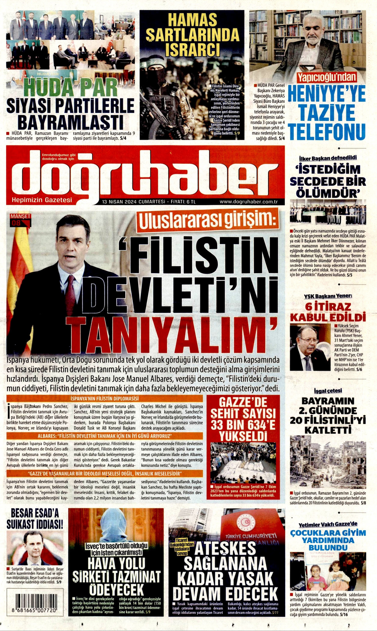 DOĞRU HABER gazetesinin 13 Nisan 2024 tarihli birinci sayfası