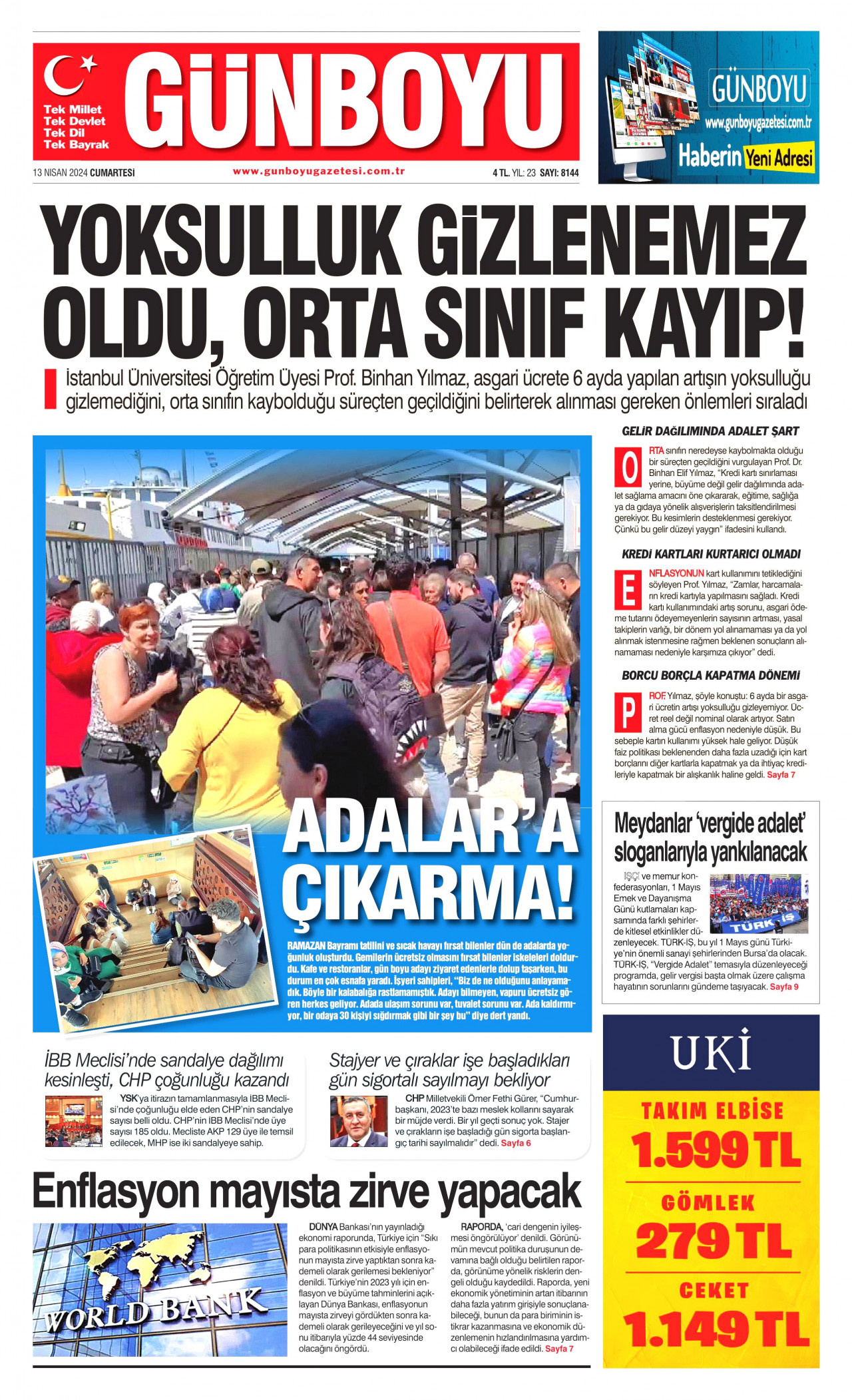 GÜNBOYU gazetesinin 13 Nisan 2024 tarihli birinci sayfası