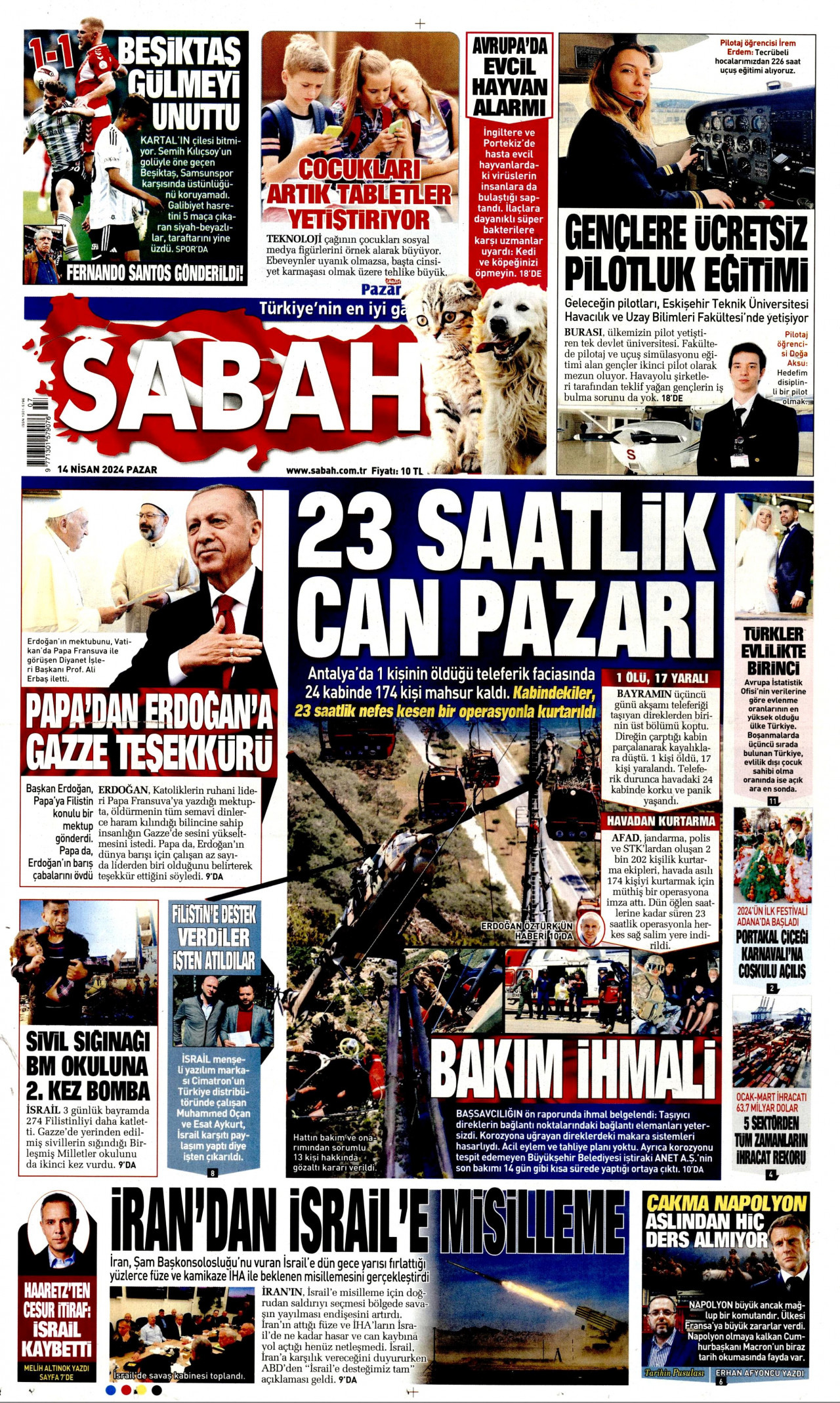 SABAH gazetesinin 14 Nisan 2024 tarihli birinci sayfası