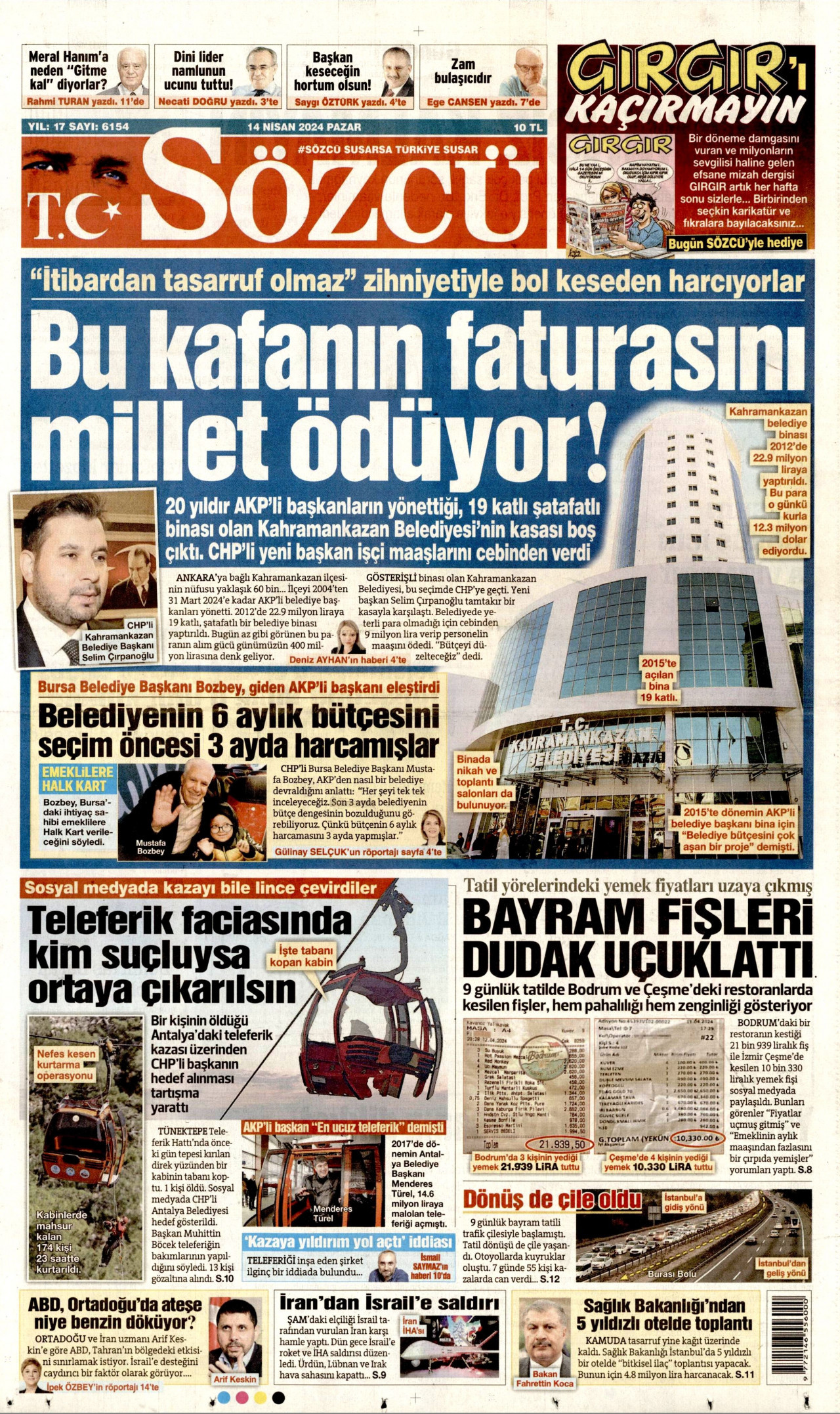 SÖZCÜ gazetesinin 14 Nisan 2024 tarihli birinci sayfası