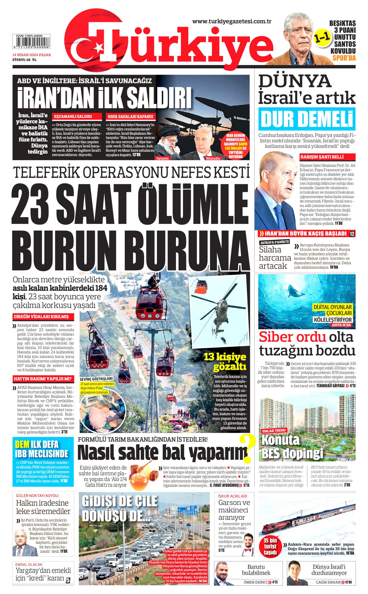 TÜRKİYE GAZETESİ gazetesinin 14 Nisan 2024 tarihli birinci sayfası
