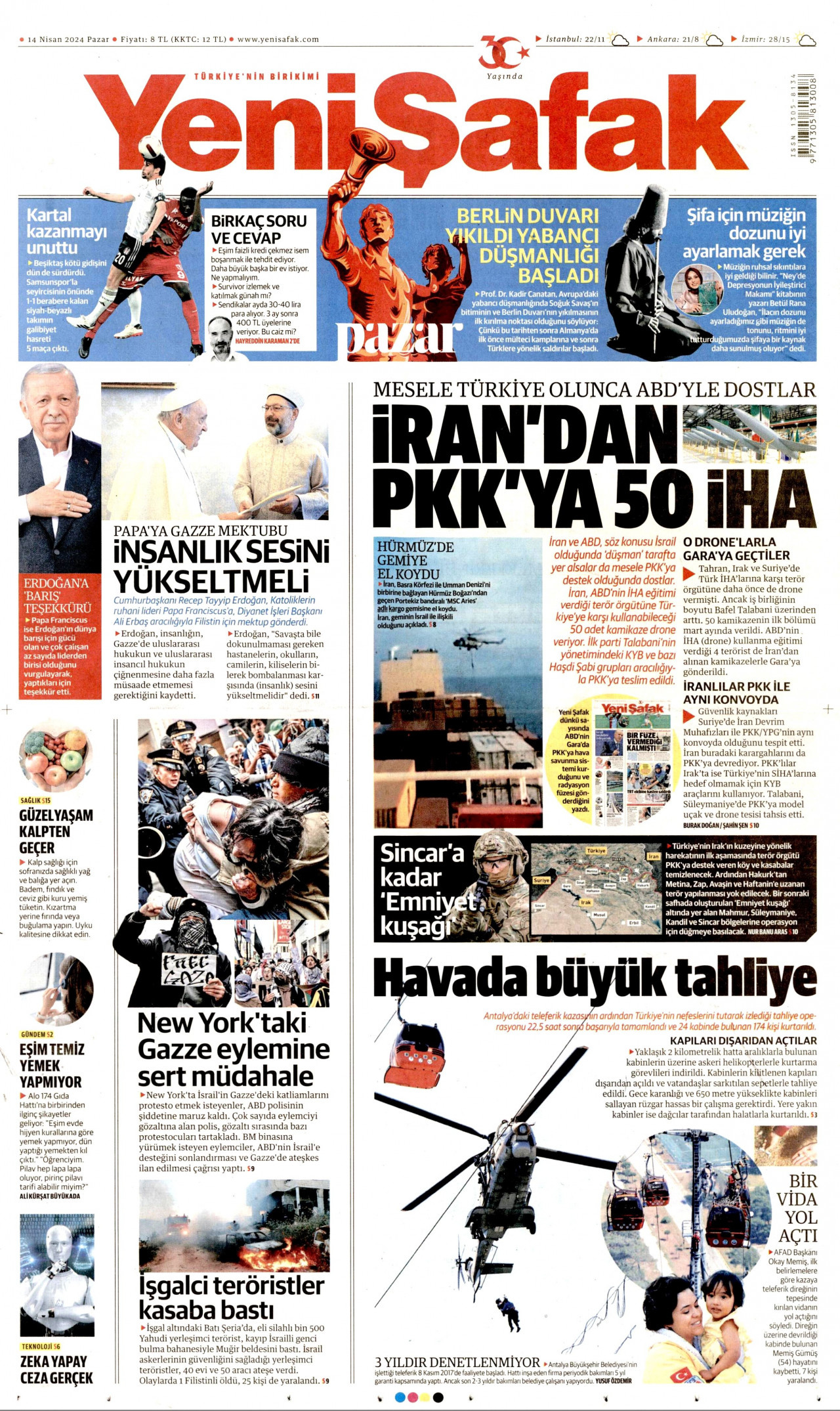 YENİ ŞAFAK gazetesinin 14 Nisan 2024 tarihli birinci sayfası