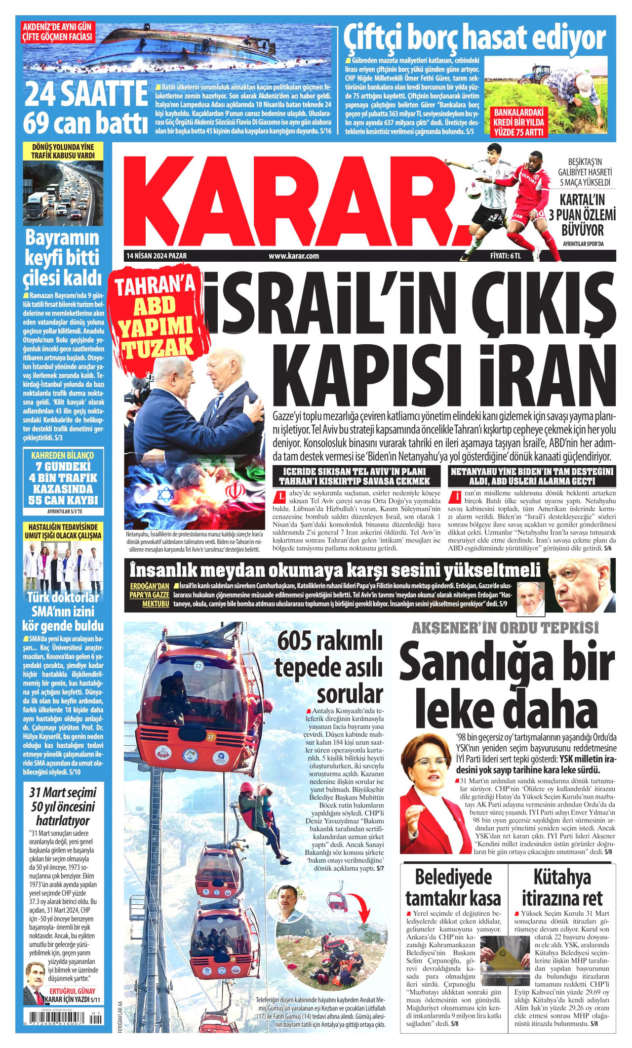 KARAR gazetesinin 14 Nisan 2024 tarihli birinci sayfası