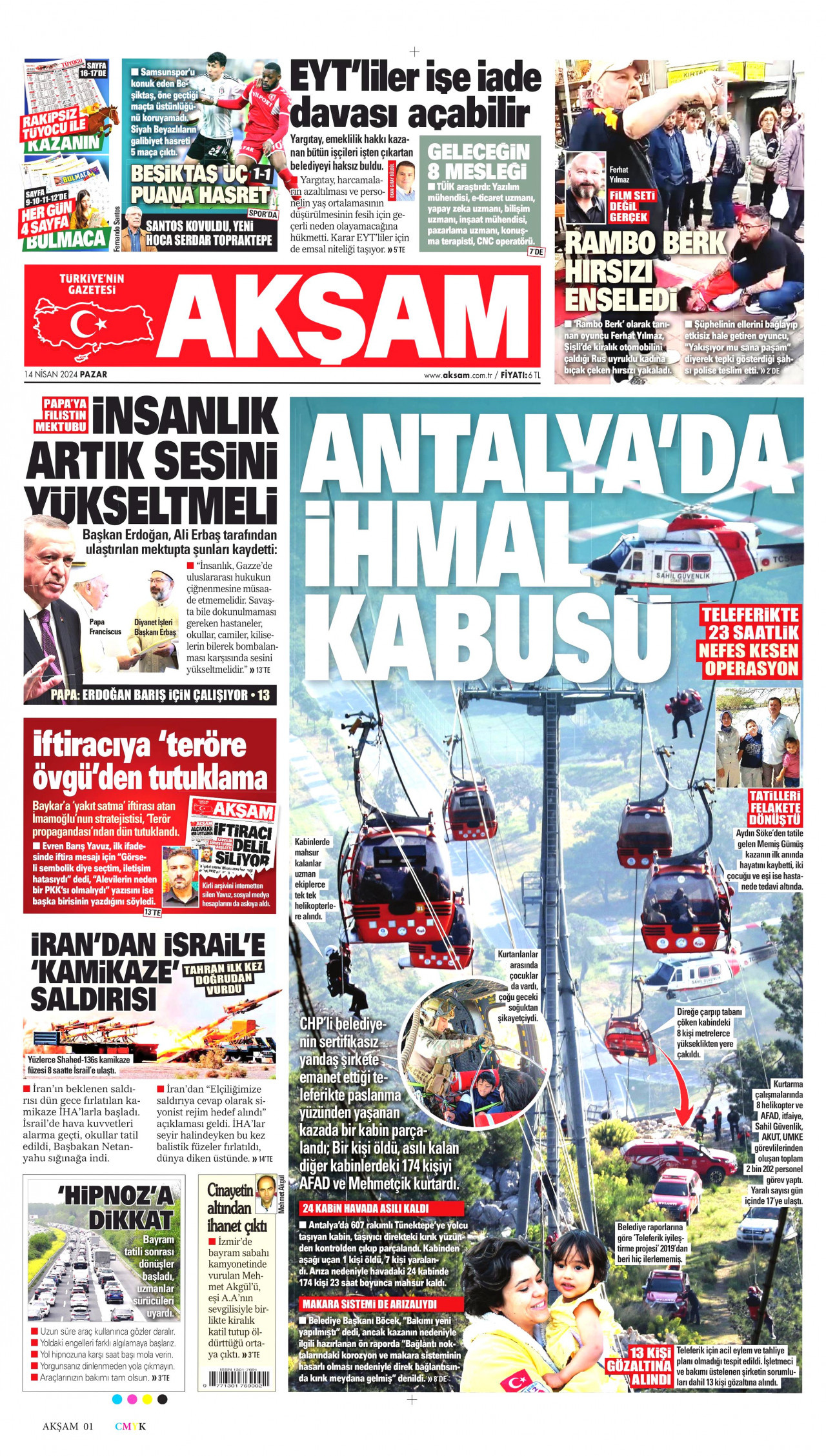 AKŞAM gazetesinin 14 Nisan 2024 tarihli birinci sayfası