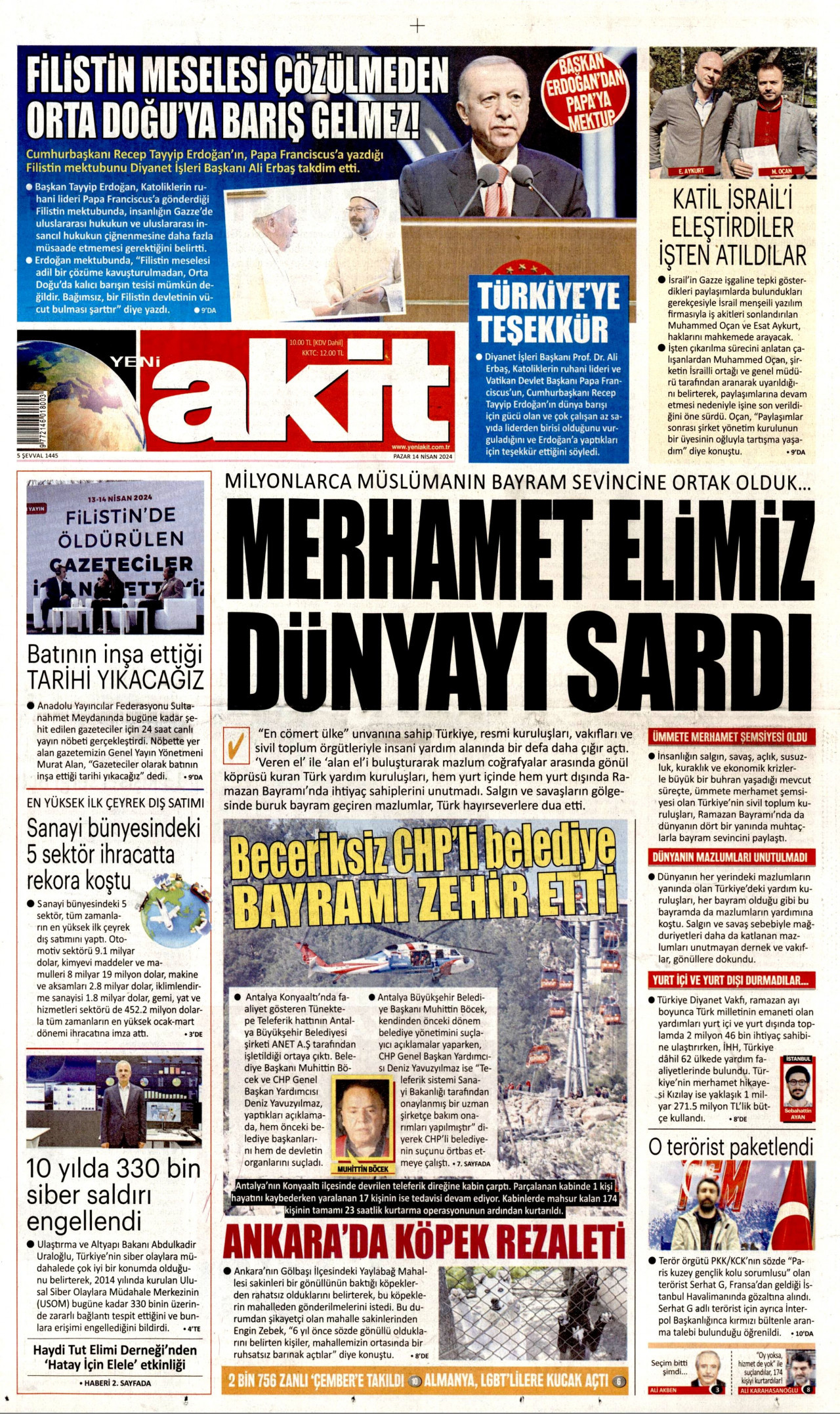 YENİ AKİT gazetesinin 14 Nisan 2024 tarihli birinci sayfası