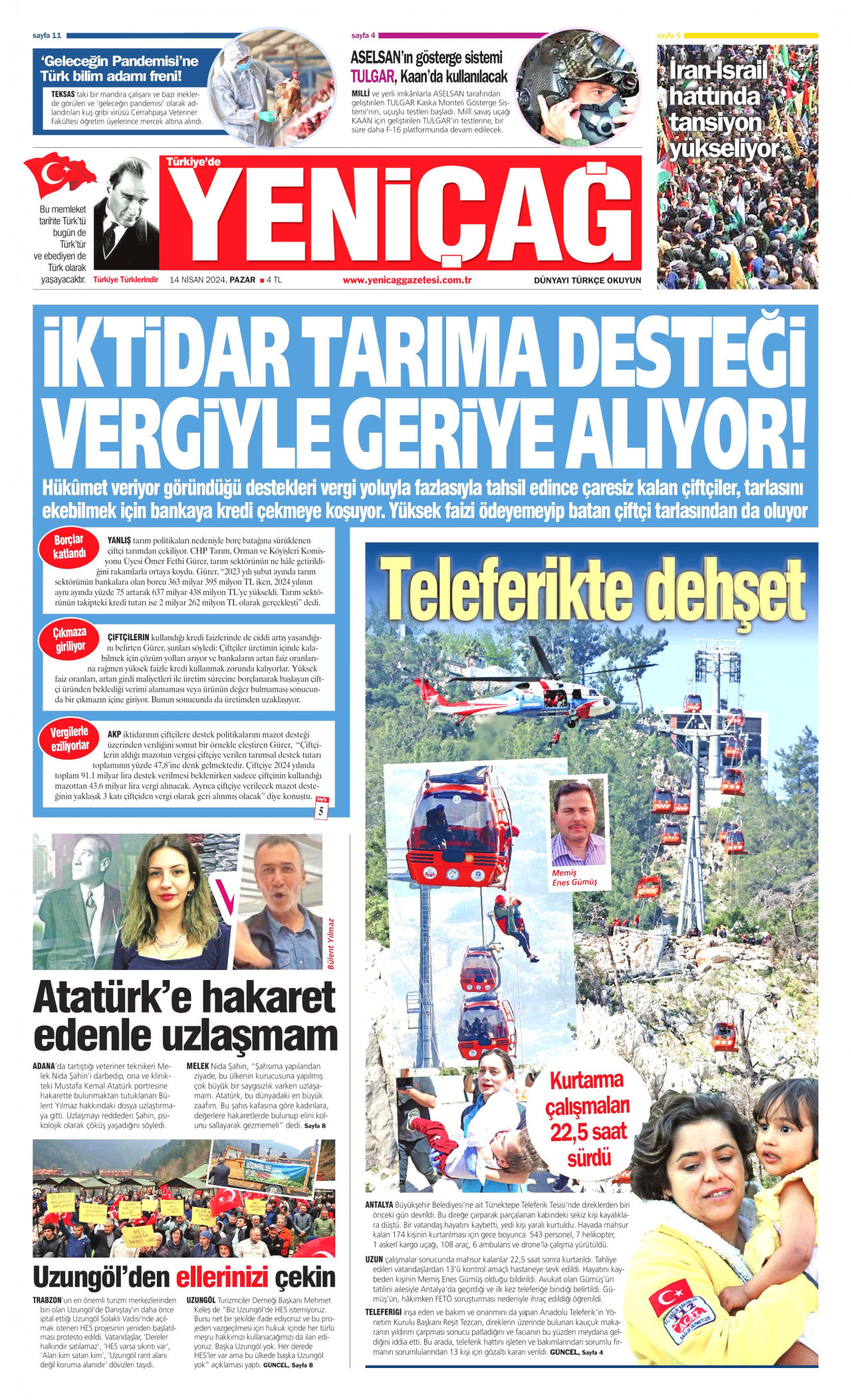 YENİÇAĞ gazetesinin 14 Nisan 2024 tarihli birinci sayfası