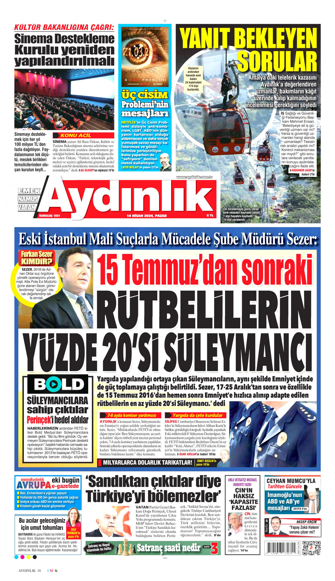 AYDINLIK GAZETESİ gazetesinin 14 Nisan 2024 tarihli birinci sayfası