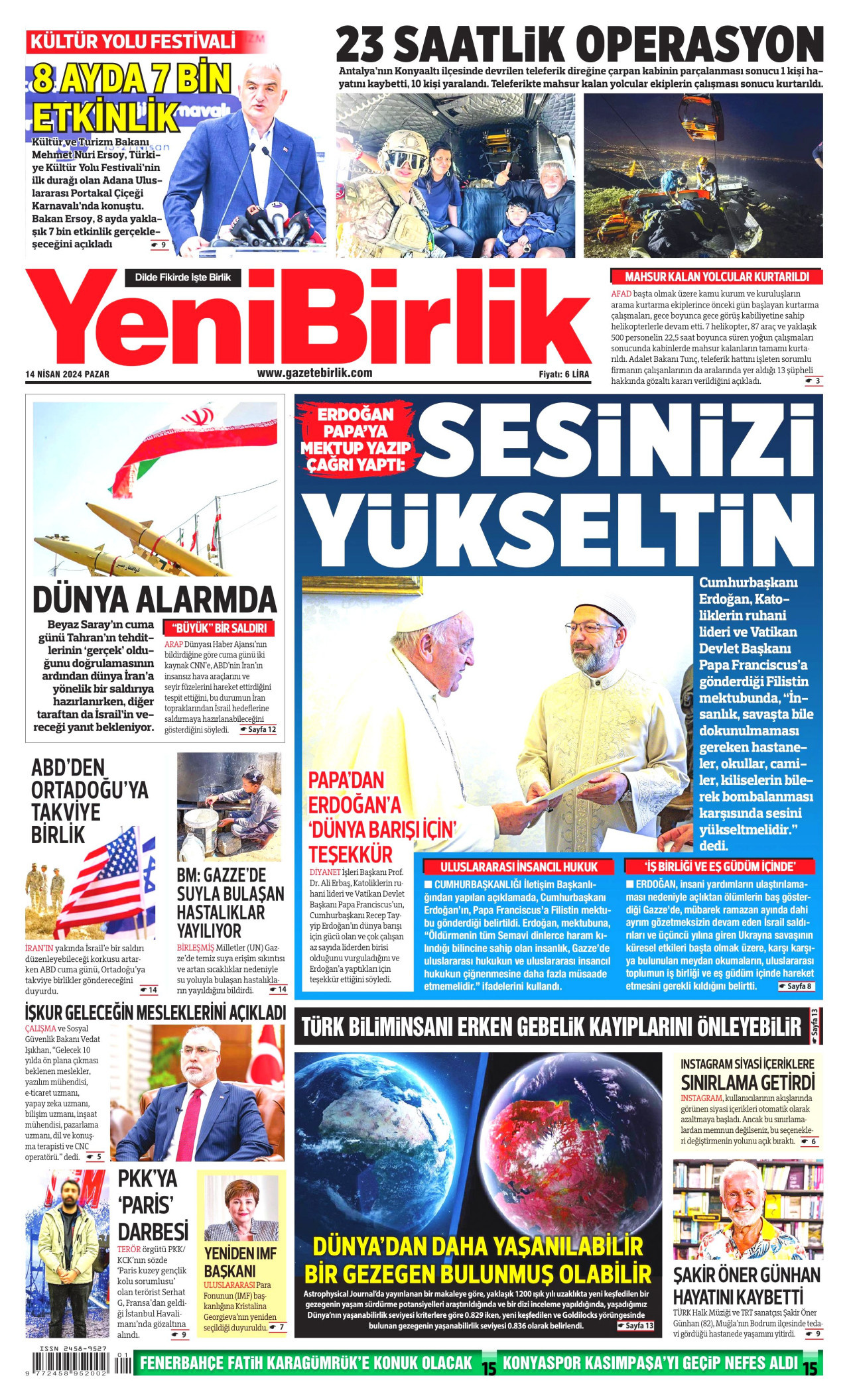 YENİBİRLİK gazetesinin 14 Nisan 2024 tarihli birinci sayfası