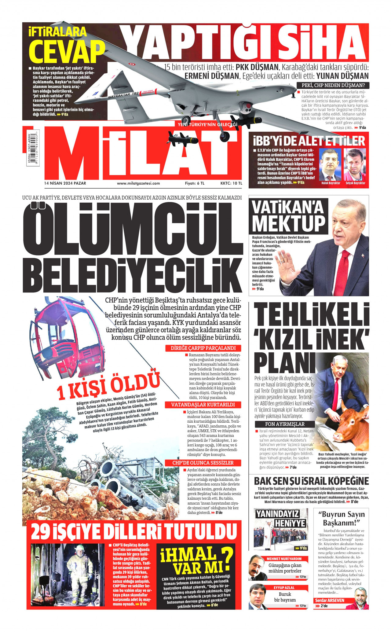 MİLAT gazetesinin 14 Nisan 2024 tarihli birinci sayfası