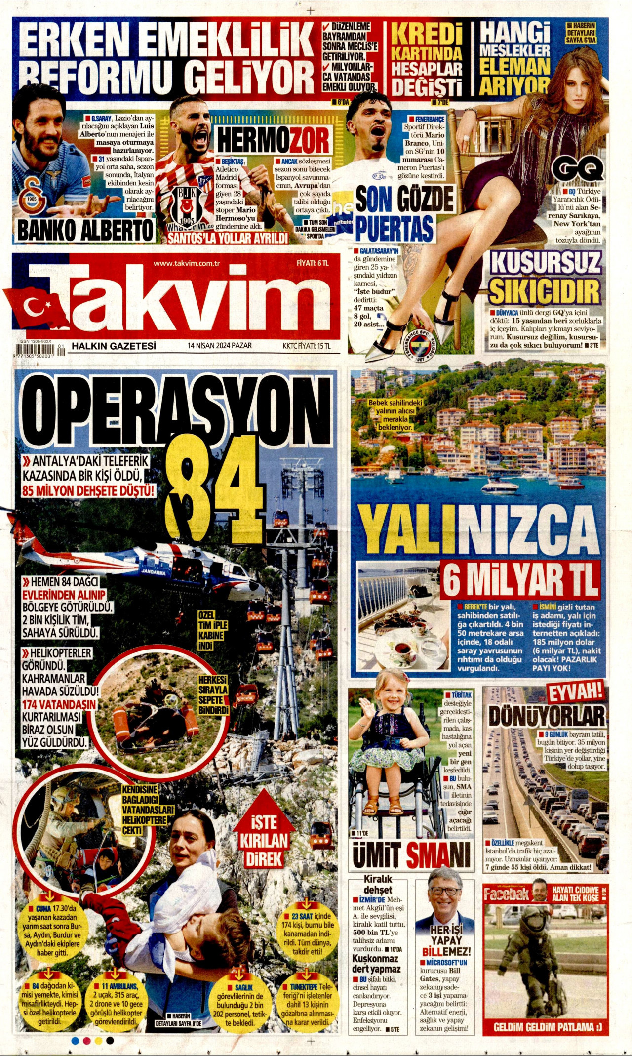 TAKVİM gazetesinin 14 Nisan 2024 tarihli birinci sayfası