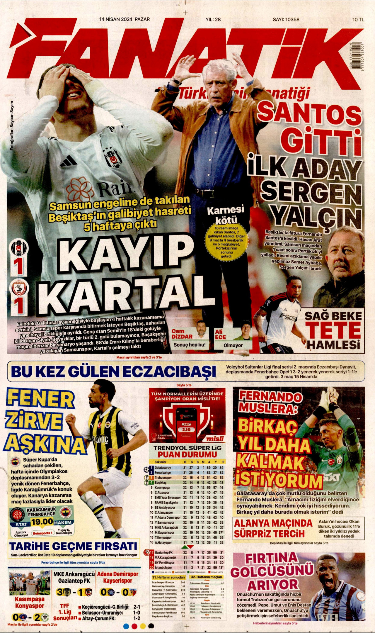 FANATİK gazetesinin 14 Nisan 2024 tarihli birinci sayfası