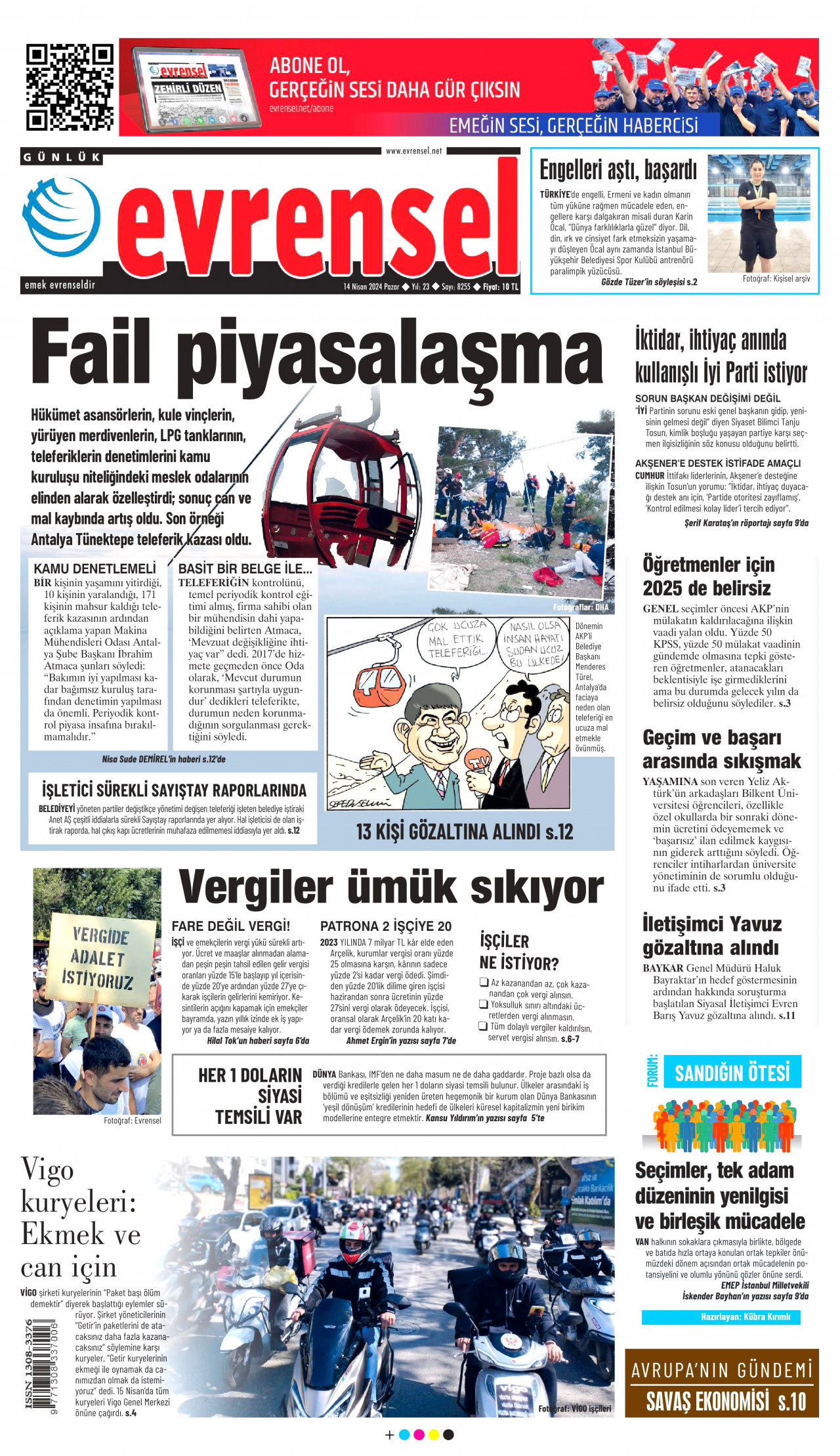 EVRENSEL gazetesinin 14 Nisan 2024 tarihli birinci sayfası
