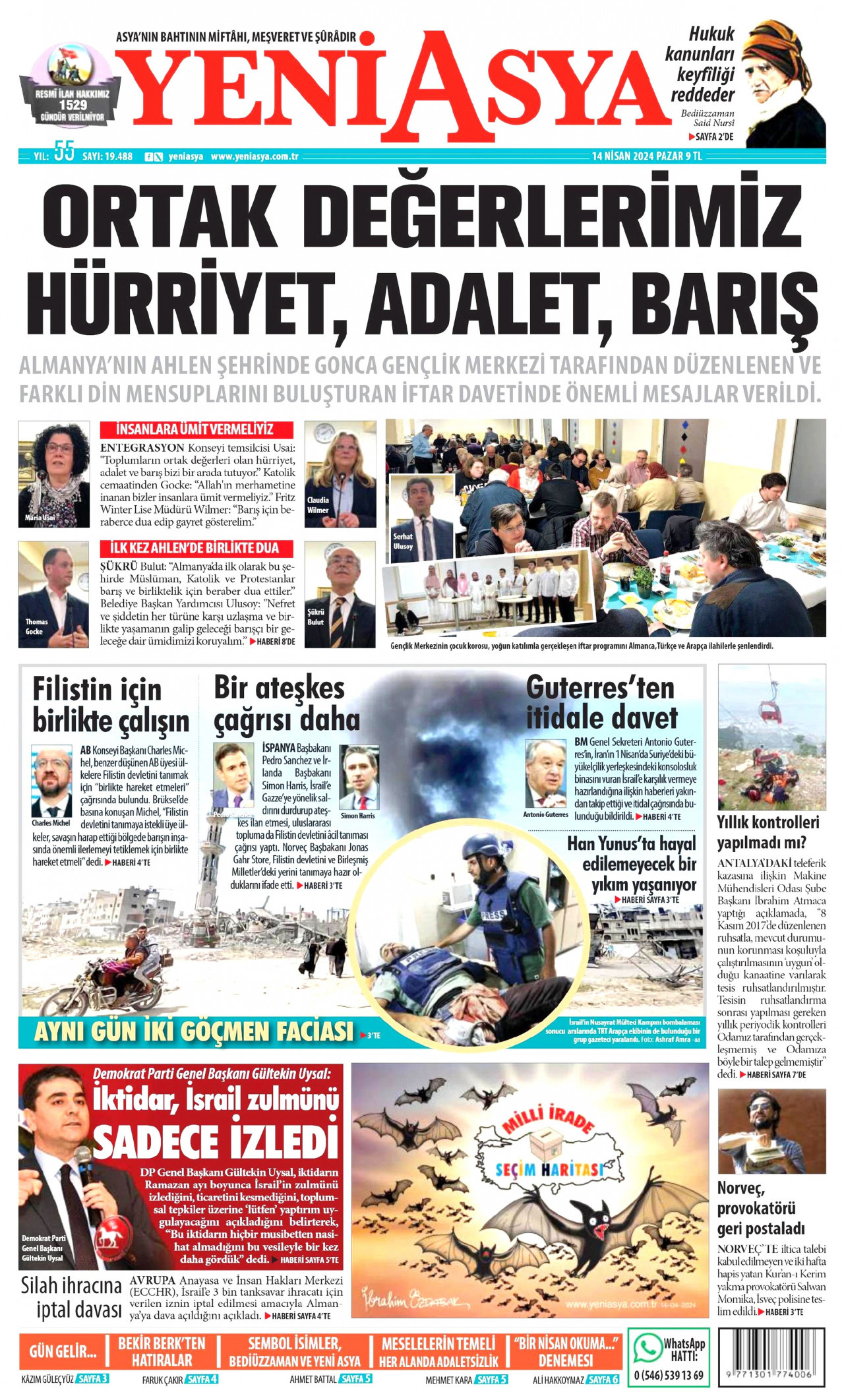 YENİ ASYA gazetesinin 14 Nisan 2024 tarihli birinci sayfası