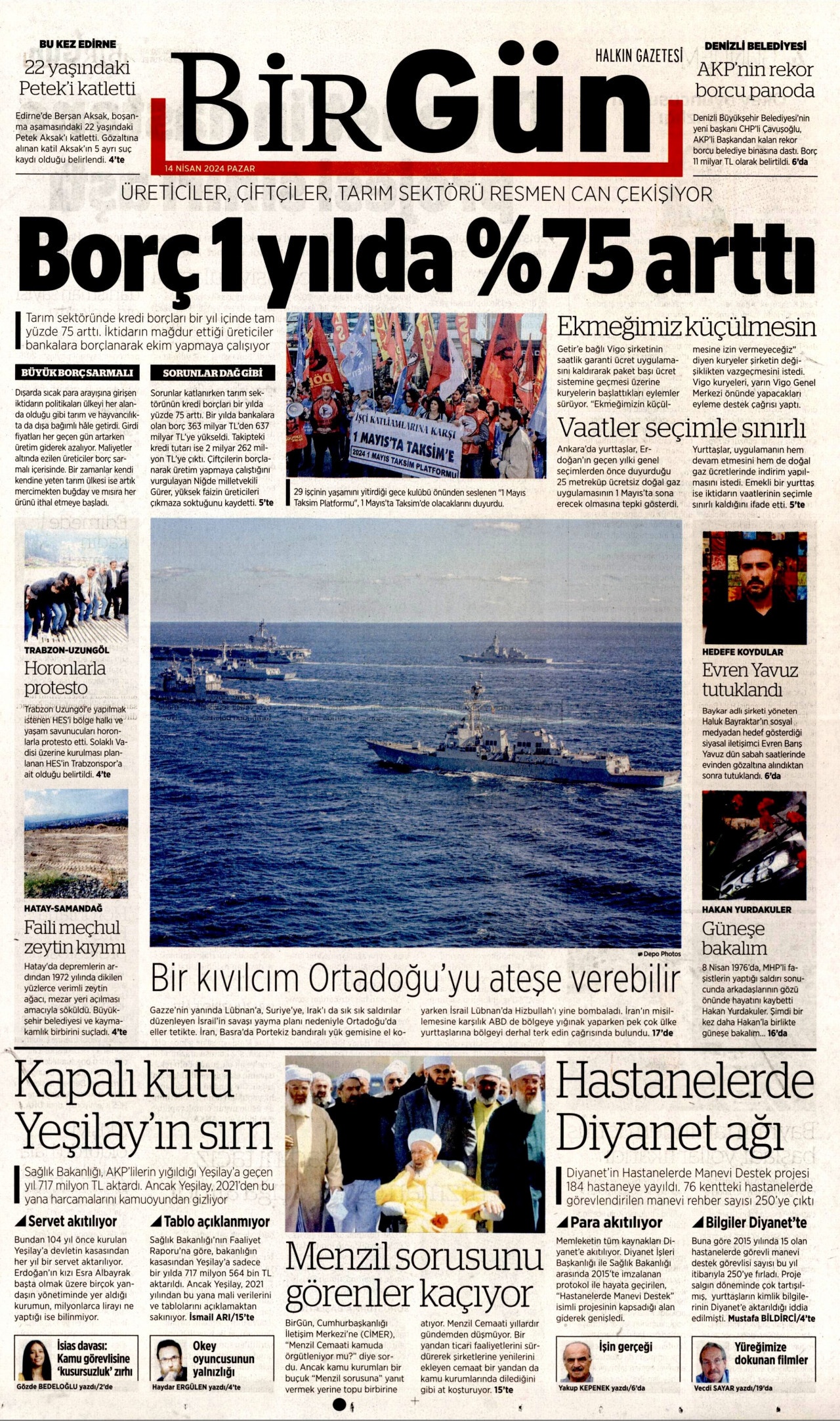 BİRGÜN gazetesinin 14 Nisan 2024 tarihli birinci sayfası