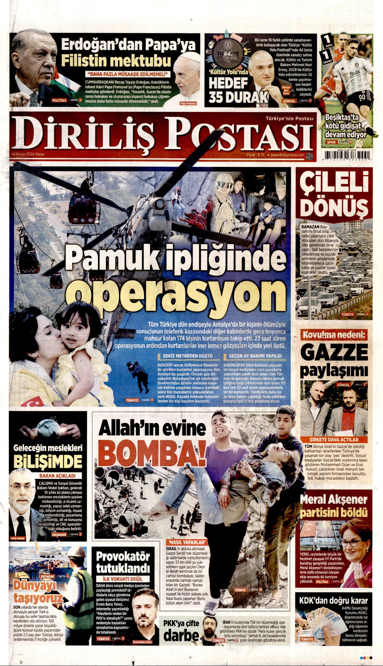 DİRİLİŞ POSTASI gazetesinin 14 Nisan 2024 tarihli birinci sayfası