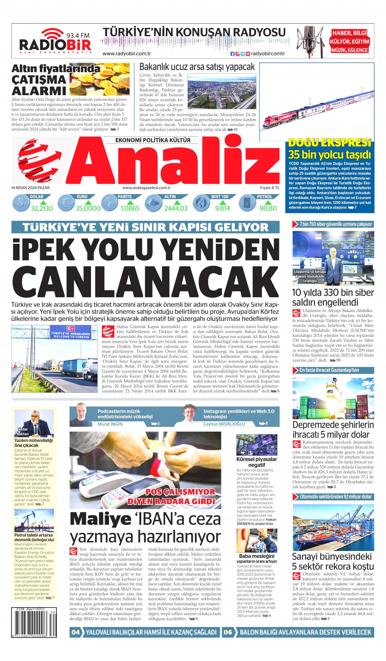 ANALİZ gazetesinin 14 Nisan 2024 tarihli birinci sayfası