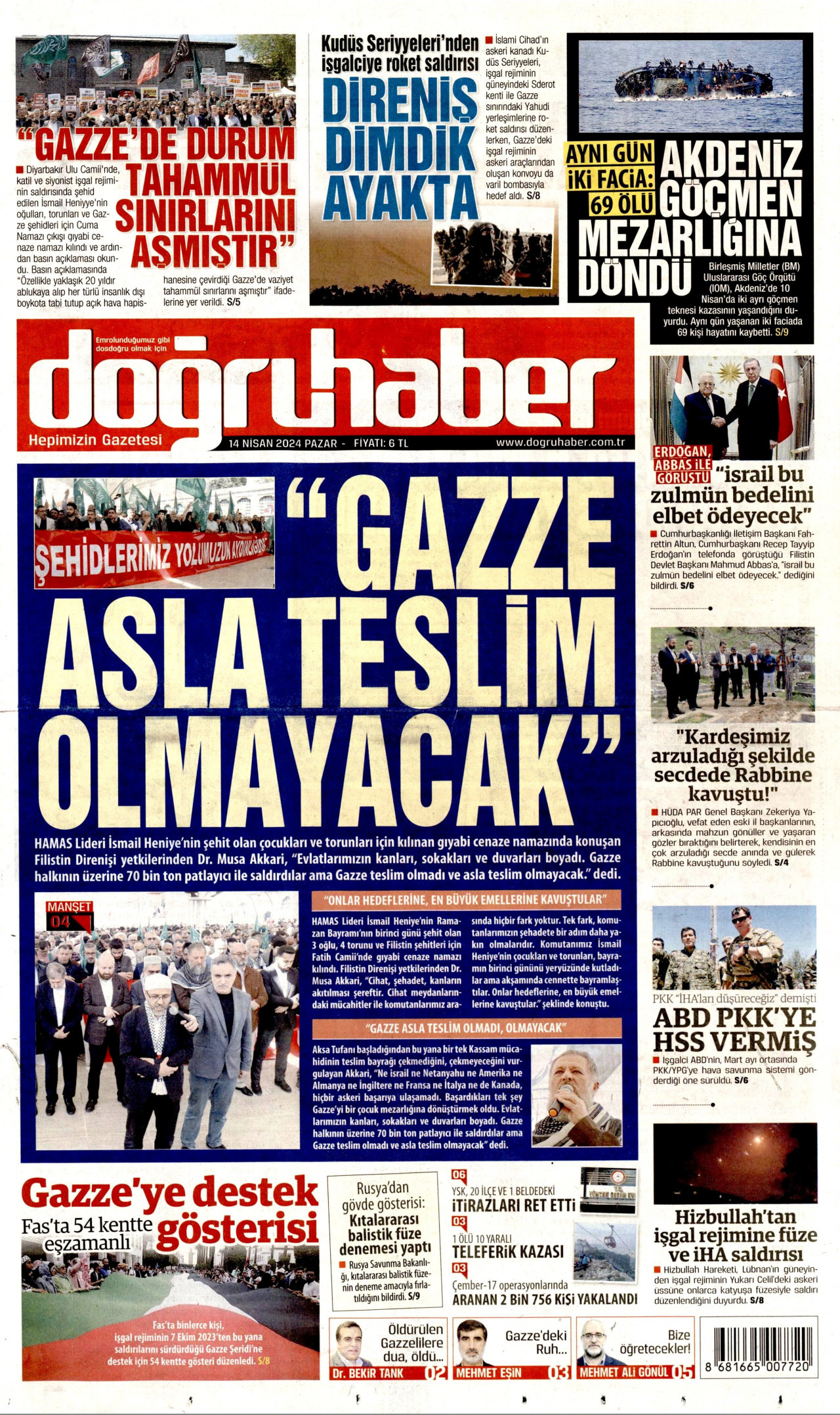 DOĞRU HABER gazetesinin 14 Nisan 2024 tarihli birinci sayfası