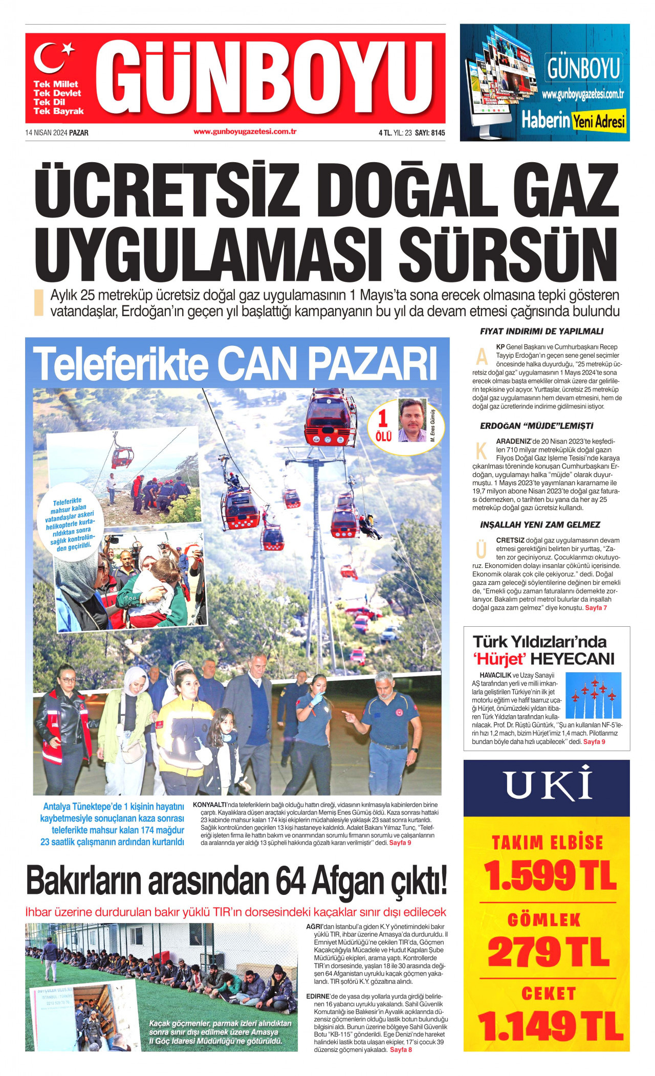 GÜNBOYU gazetesinin 14 Nisan 2024 tarihli birinci sayfası