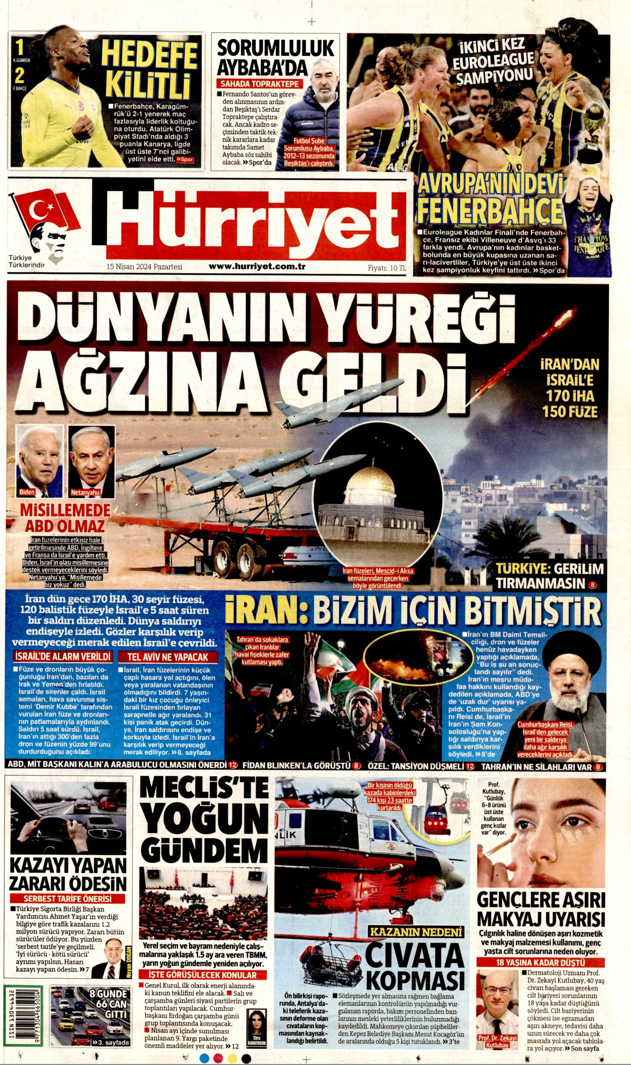 HÜRRİYET gazetesinin 15 Nisan 2024 tarihli birinci sayfası