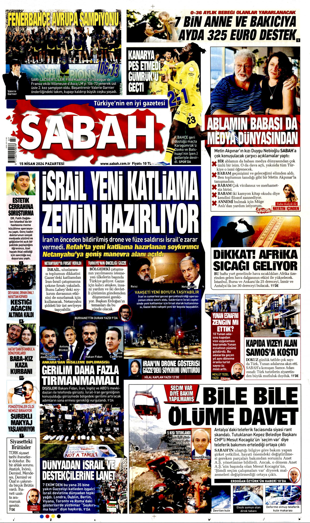 SABAH gazetesinin 15 Nisan 2024 tarihli birinci sayfası