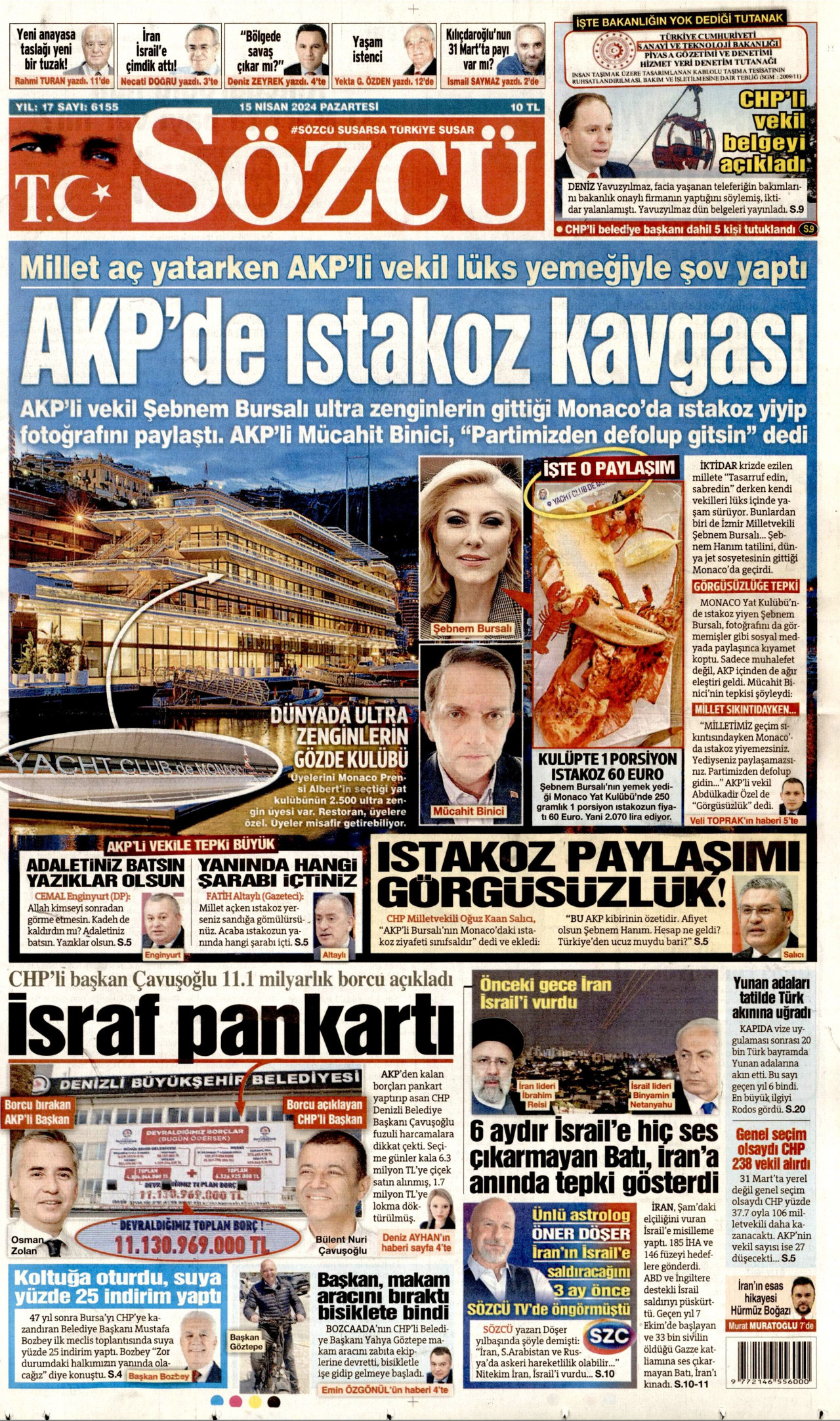 SÖZCÜ gazetesinin 15 Nisan 2024 tarihli birinci sayfası