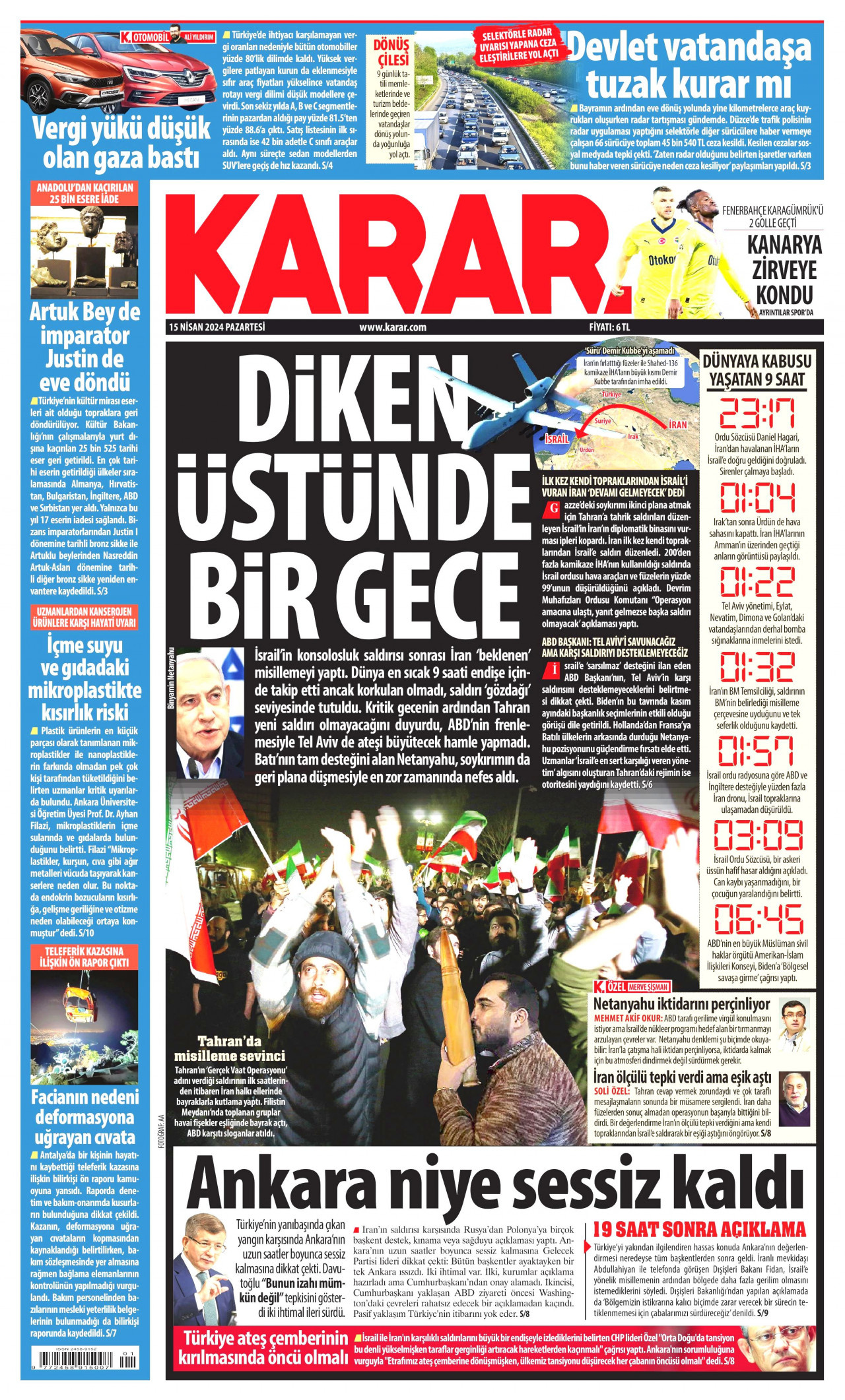 KARAR gazetesinin 15 Nisan 2024 tarihli birinci sayfası