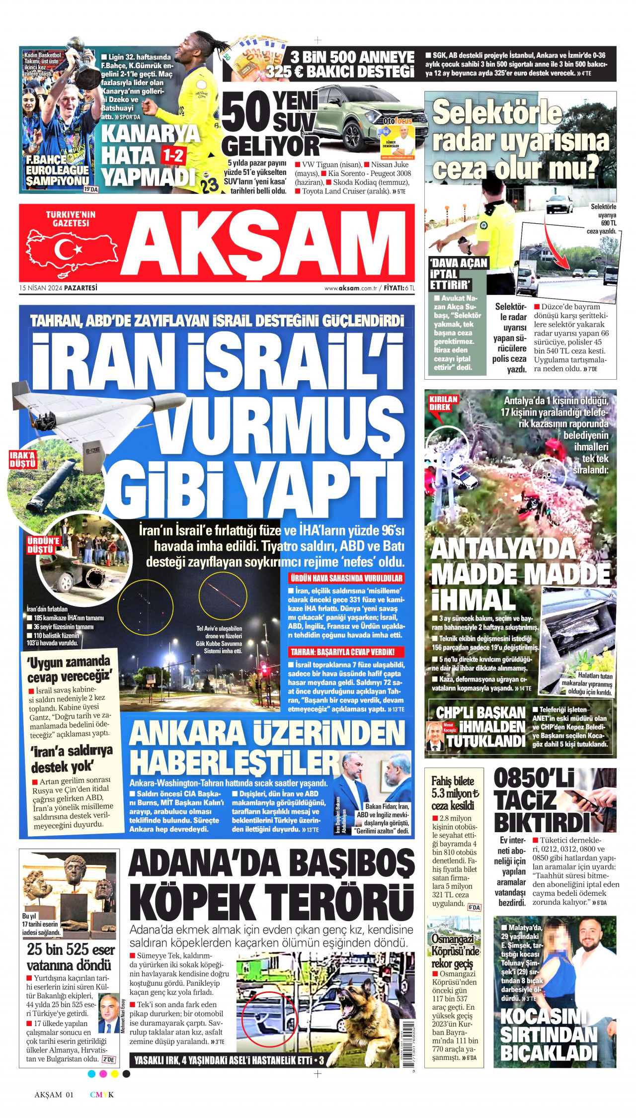 AKŞAM gazetesinin 15 Nisan 2024 tarihli birinci sayfası
