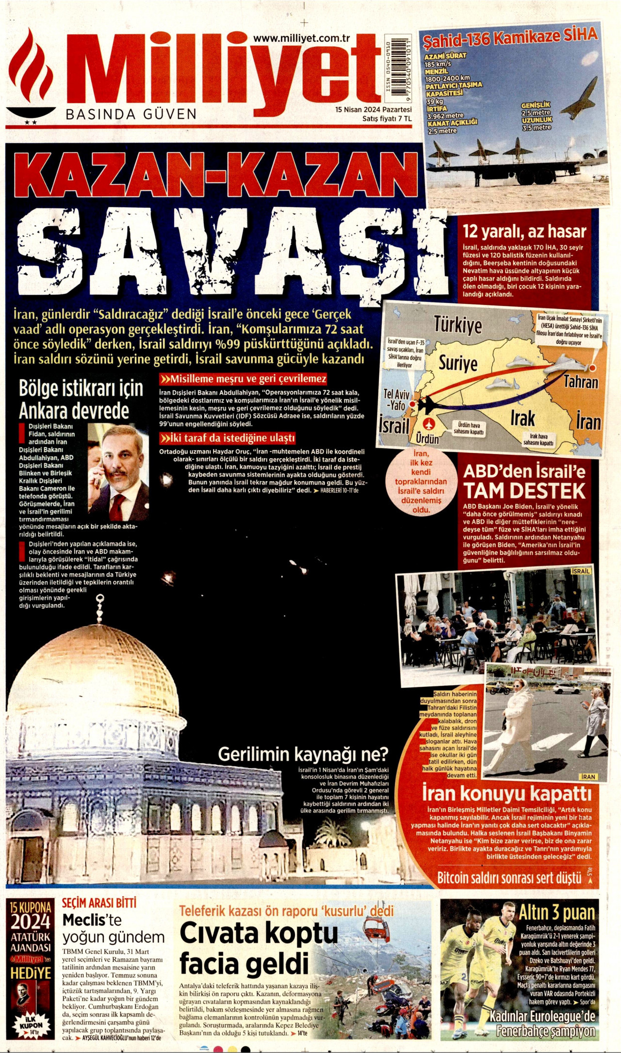 MİLLİYET gazetesinin 15 Nisan 2024 tarihli birinci sayfası